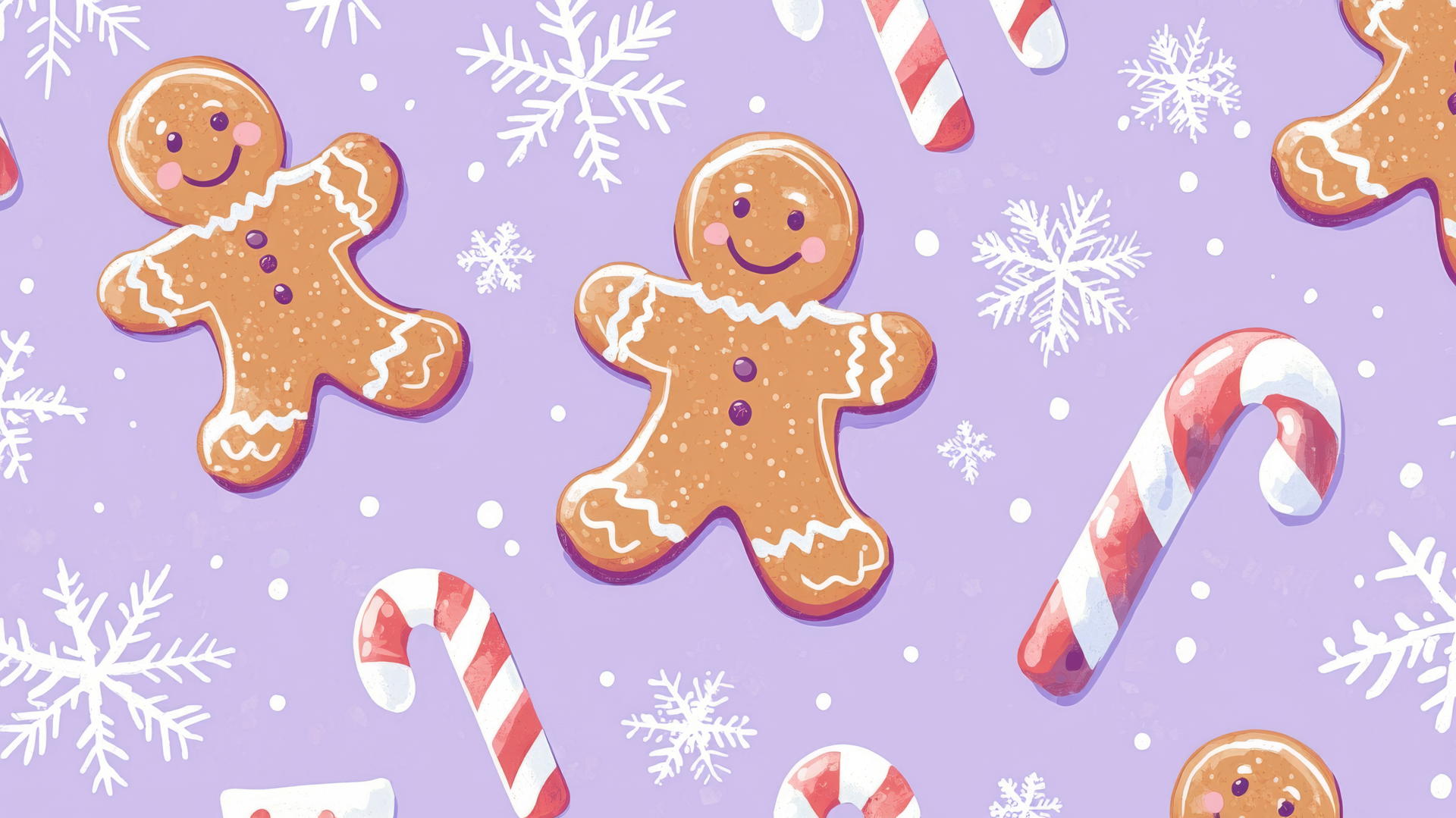 preppy Christmas wallpaper with gingerbread men, candy canes, and snowflakes on a pastel lavender background