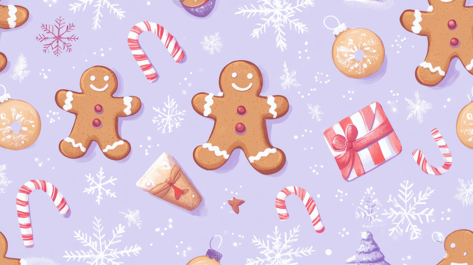 Whimsical preppy Christmas wallpaper with gingerbread men, candy canes, and snowflakes on pastel lavender background