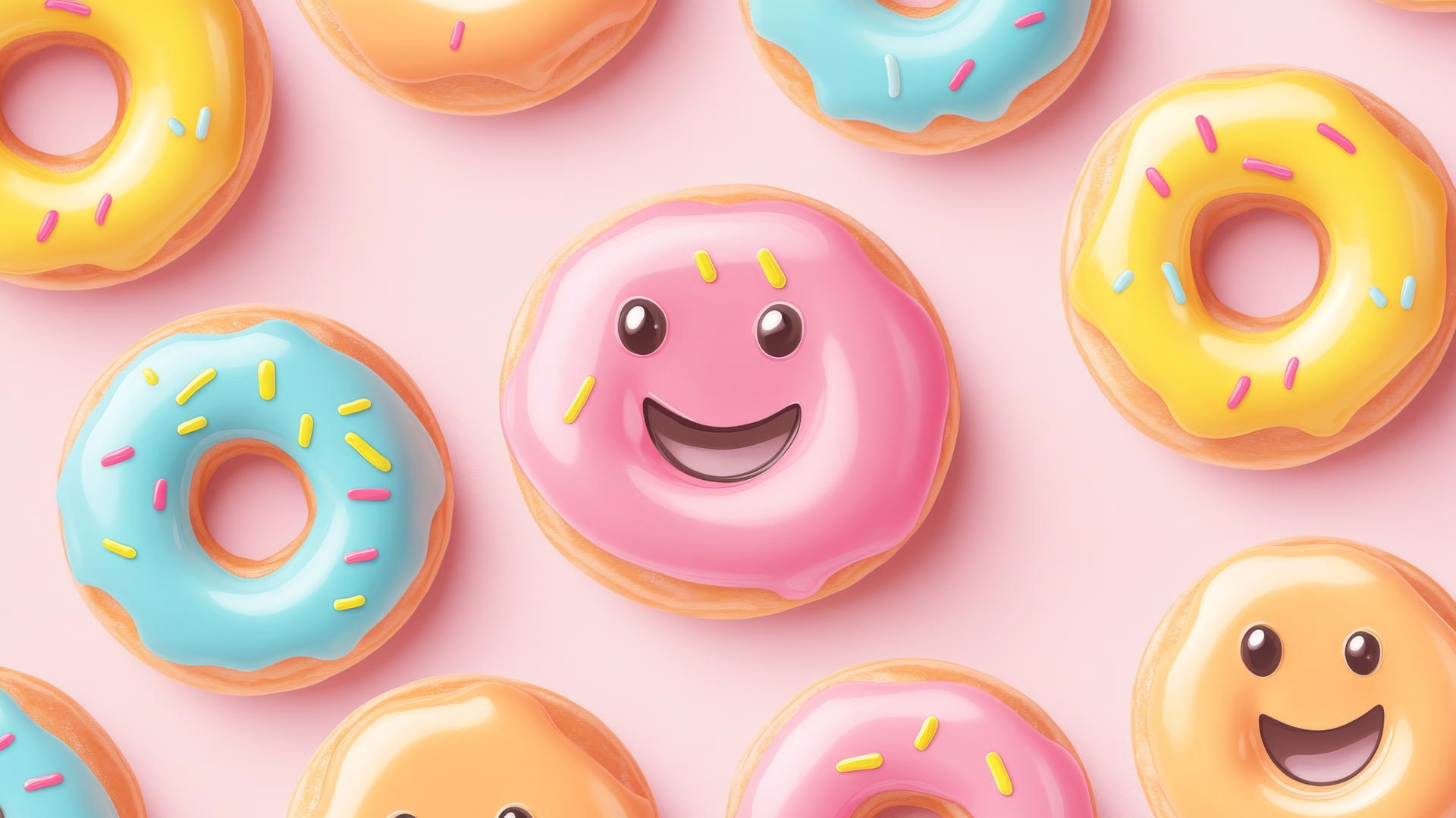 preppy wallpaper with smiley face donuts and colorful glazes on light pink background