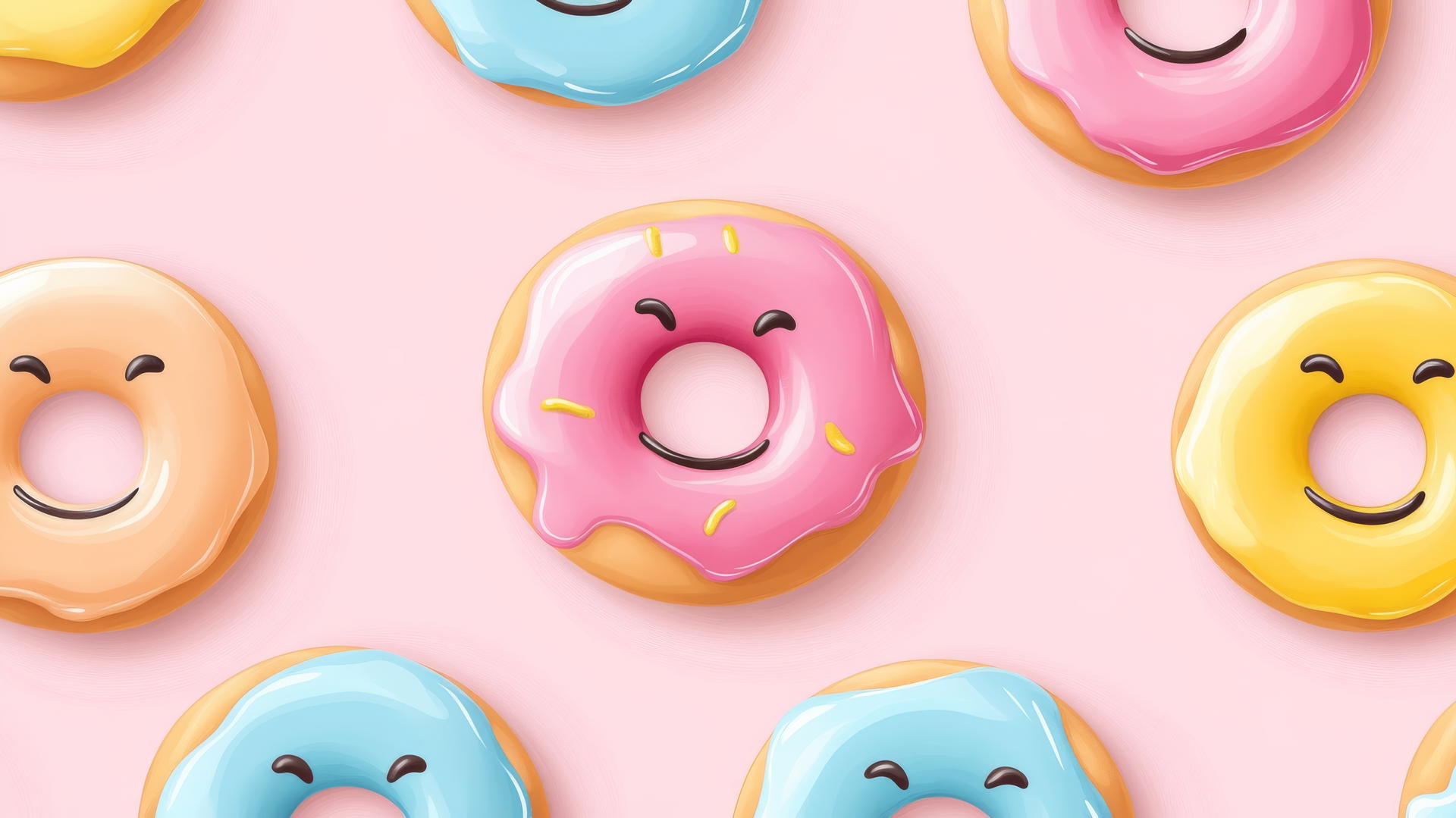 preppy wallpaper with seamless pattern of smiley face donuts, colorful glazes, light pink background