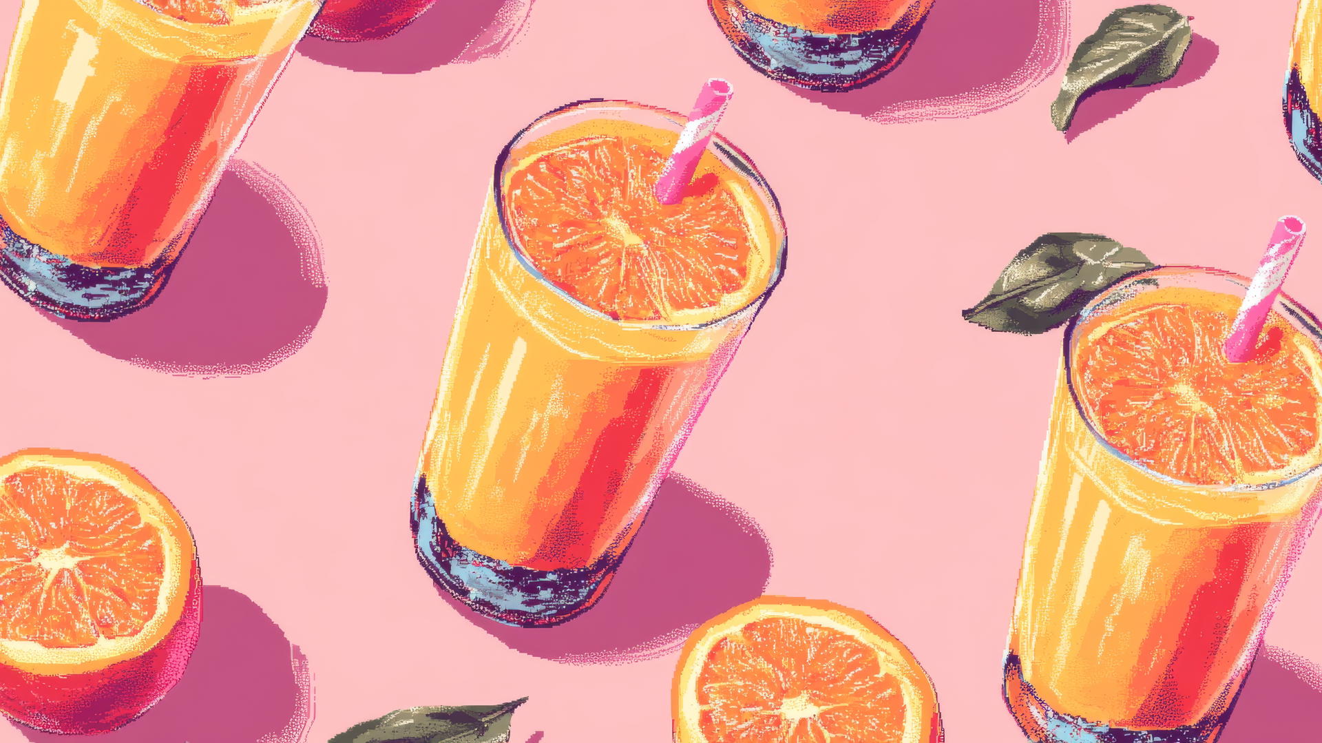 8-bit pixel art preppy wallpaper of orange and pink peach juice in glass outlines