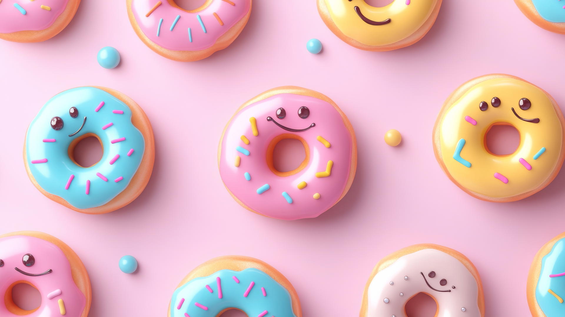 preppy wallpaper with smiley face donuts and colorful glazes on light pink background