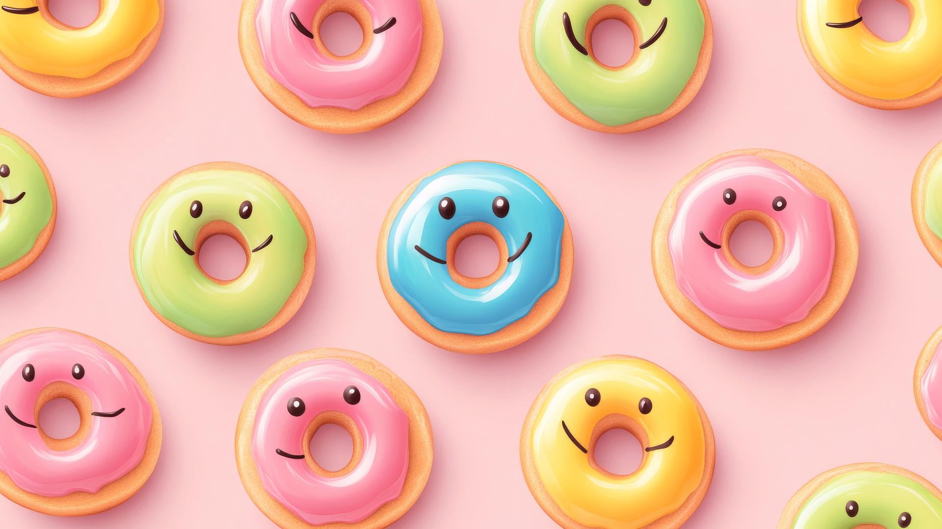 Preppy wallpaper with smiley face donuts and colorful glazes on light pink