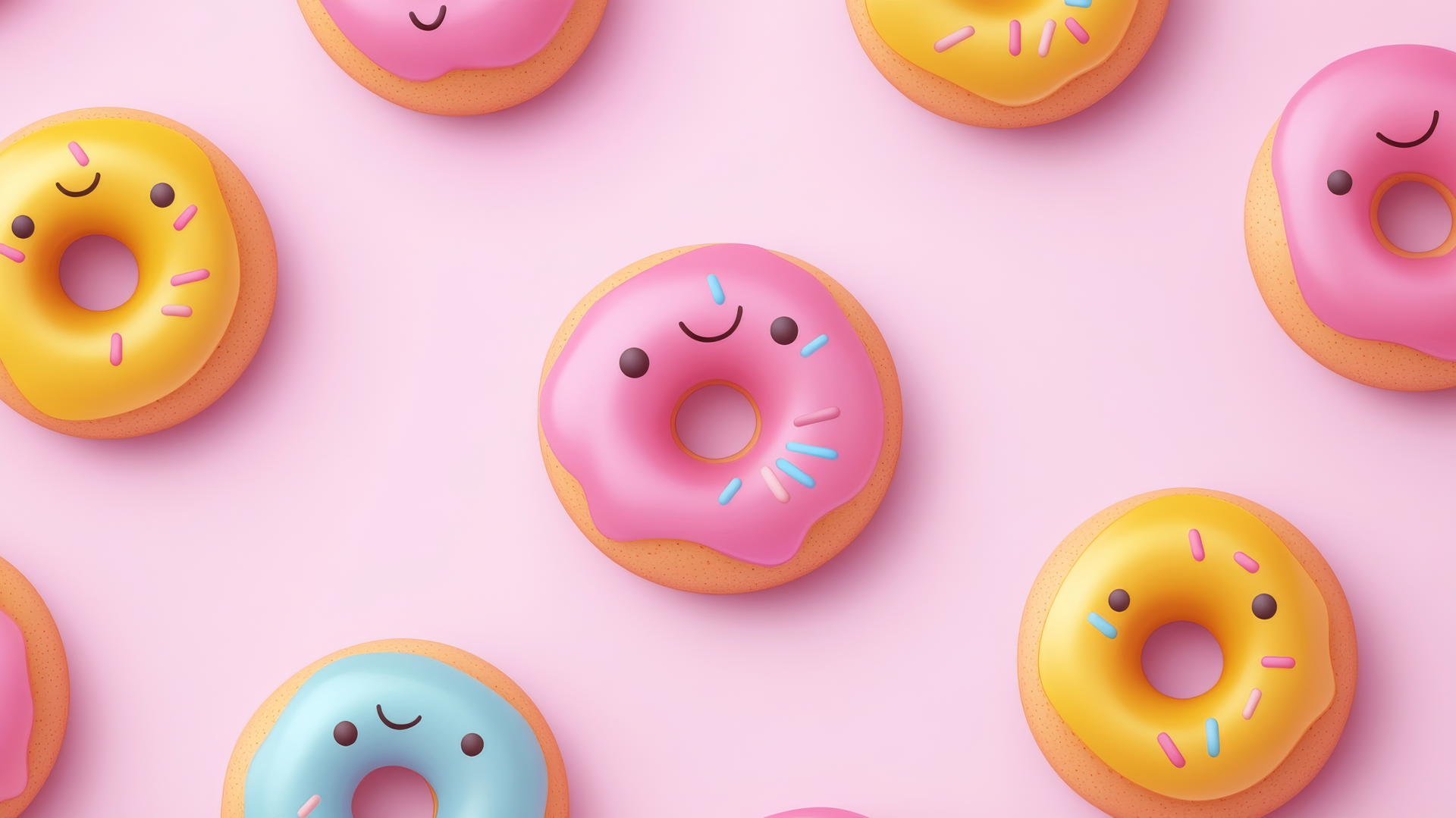 Seamless pattern of smiley face donuts with colorful glazes on a light pink background; preppy wallpaper.
