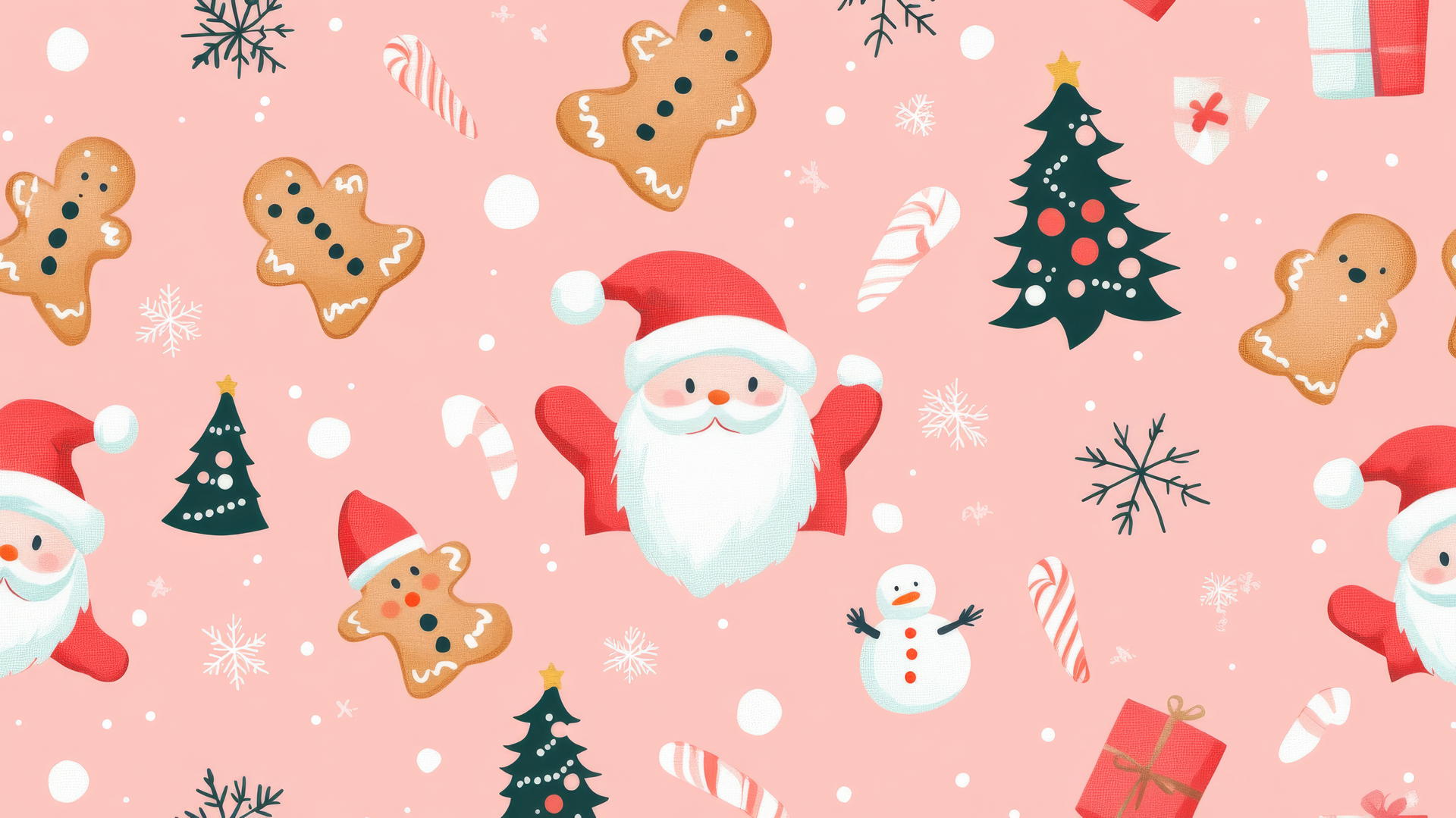 preppy wallpaper with Santa, gingerbread cookies, snowmen, and Christmas trees on a pastel pink background