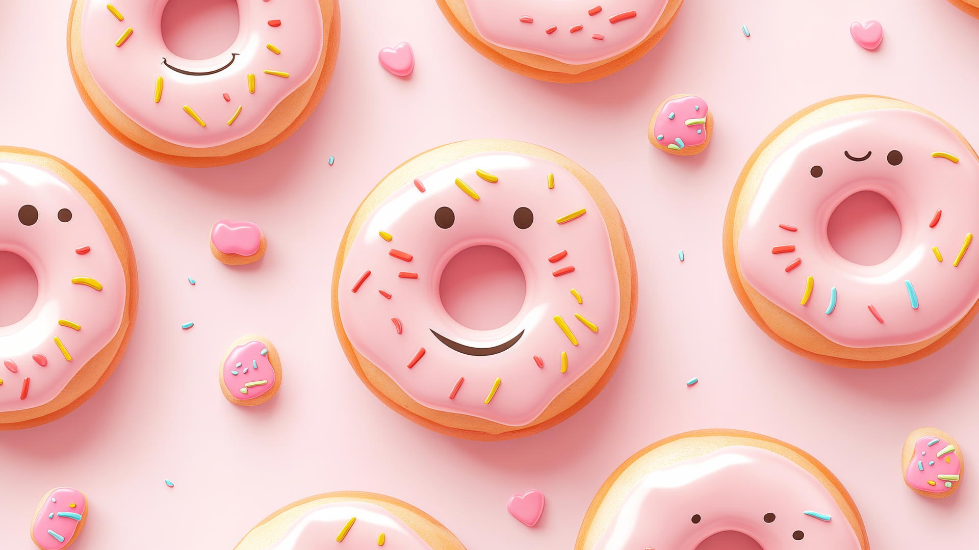 pink preppy wallpaper with smiley donuts and colorful glazes on light pink background
