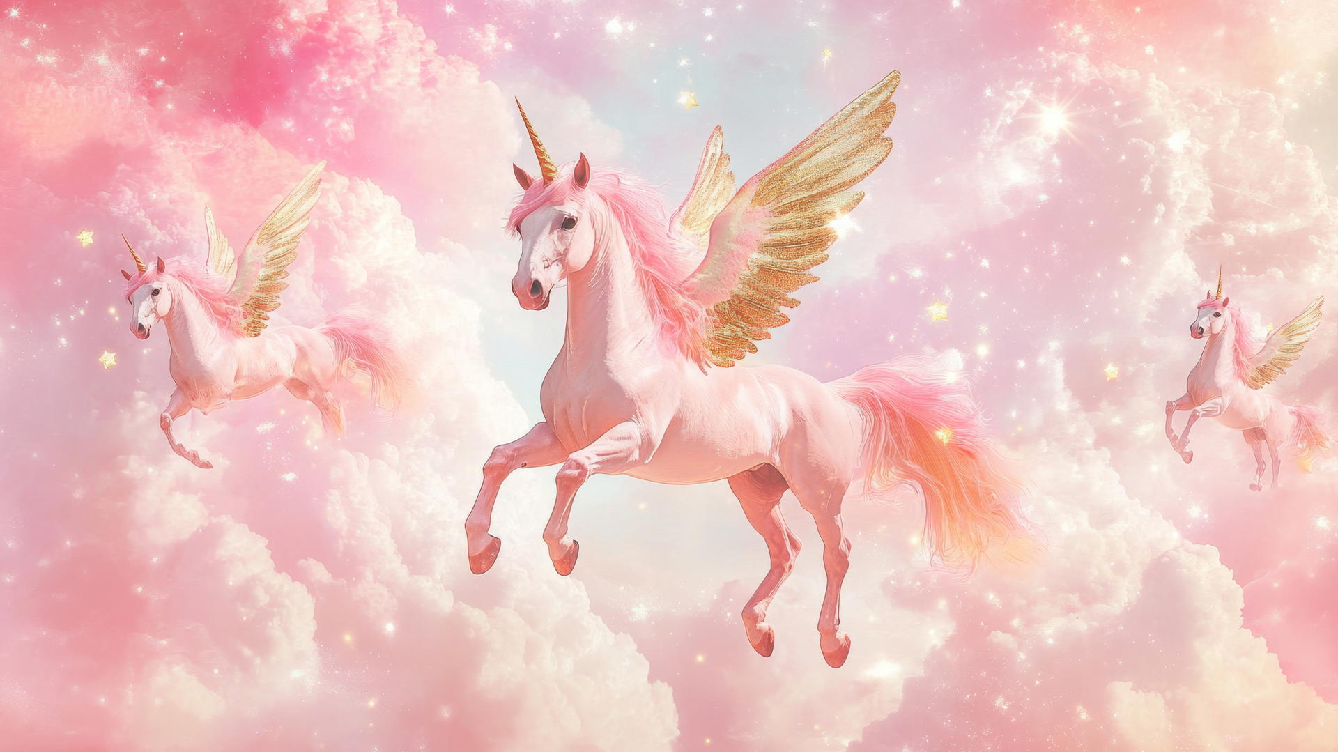 preppy wallpaper pink with whimsical pink unicorns, golden wings, and sparkling stars on a pastel cloud-filled background