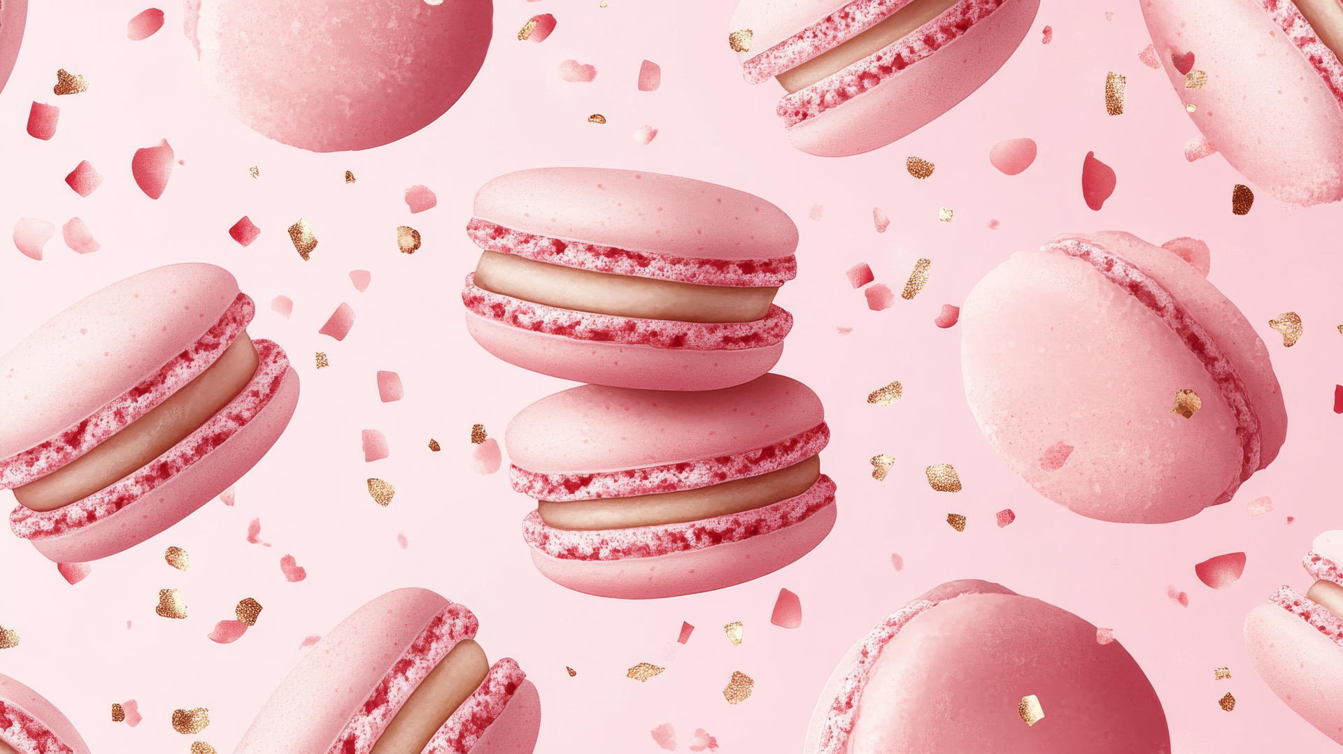 preppy wallpaper pink with pink macarons stacked, pastel confetti