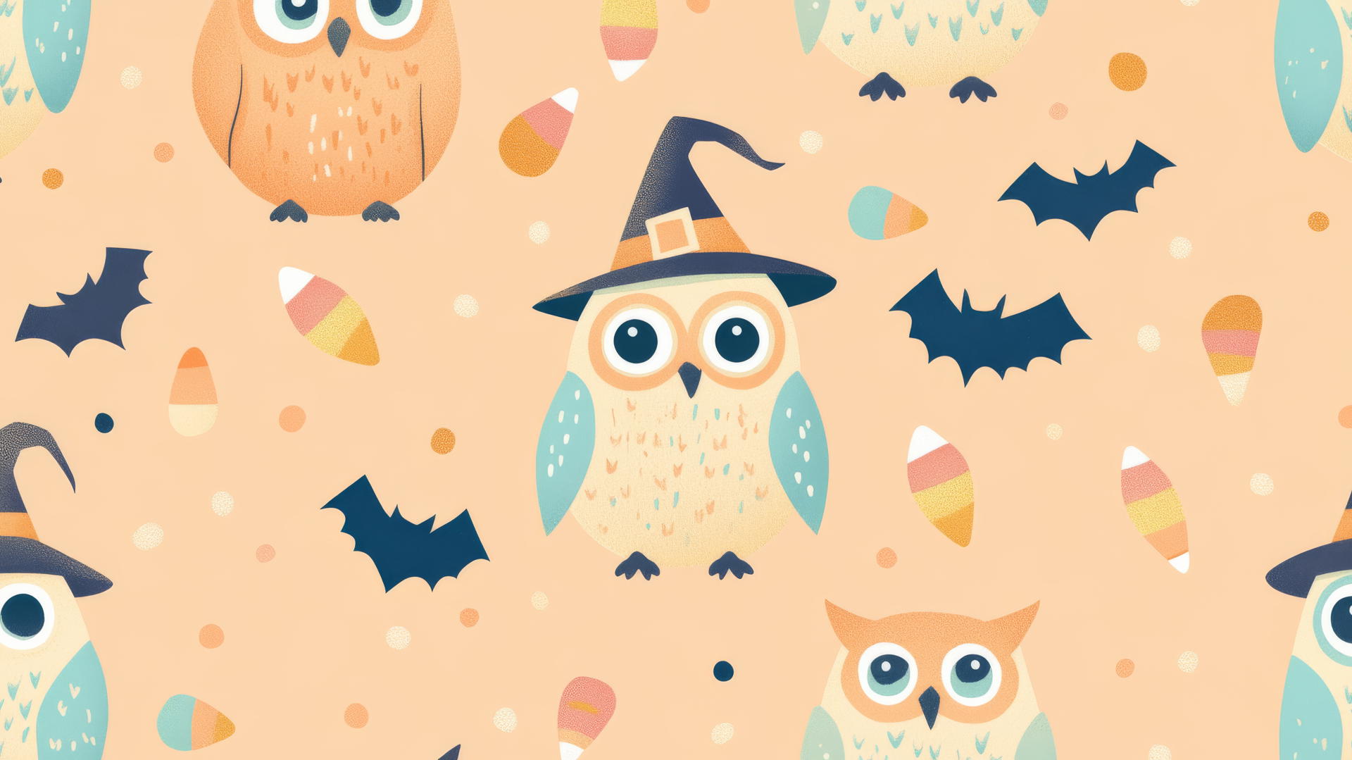 halloween preppy wallpaper with pastel-colored owls in witch hats, cheerful bats, candy corn garlands on pastel peach background