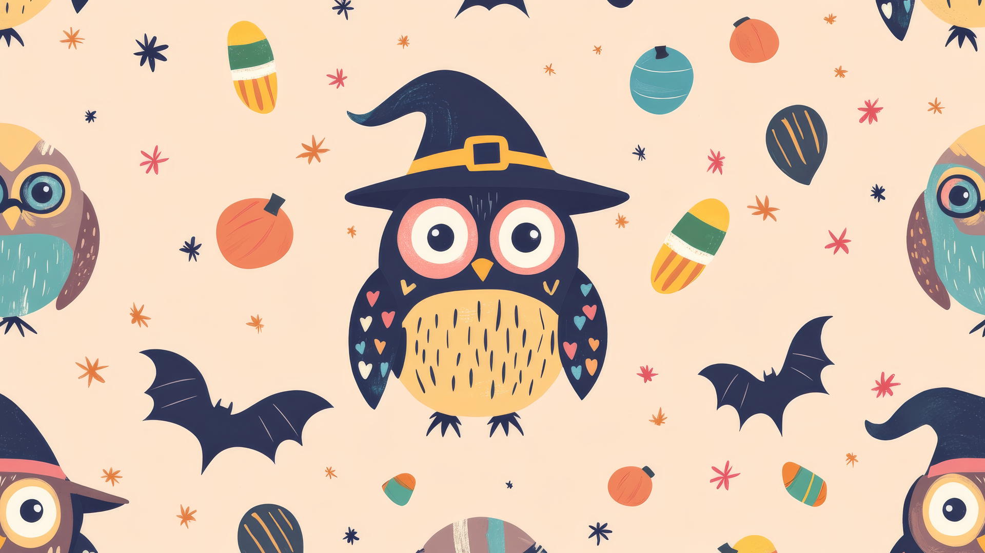 Charming halloween preppy wallpaper of pastel owls in witch hats, cheerful bats, and candy corn garlands on peach background