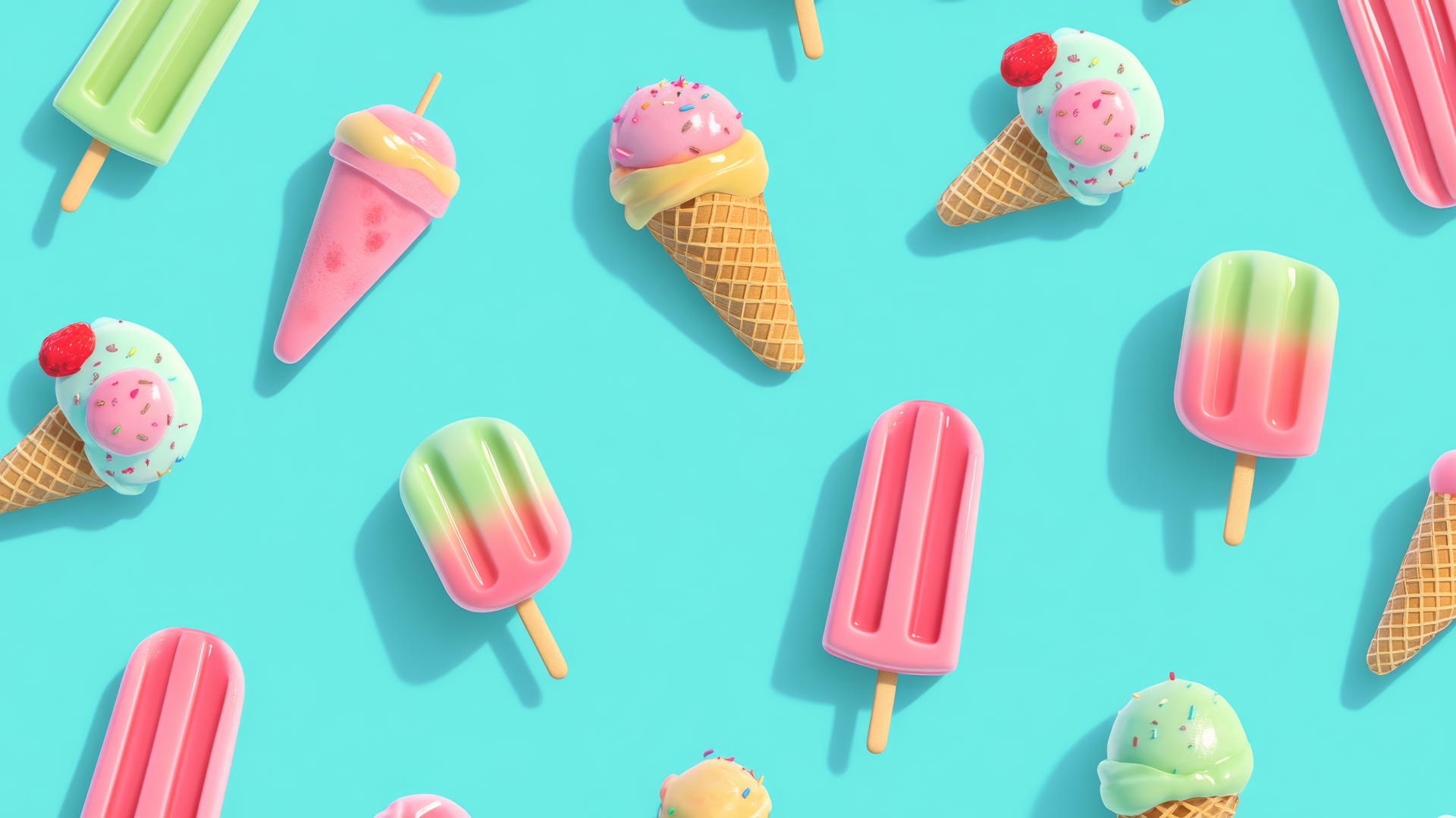 preppy summer wallpaper with cute cartoon-style ice cream cones and popsicles on light teal background