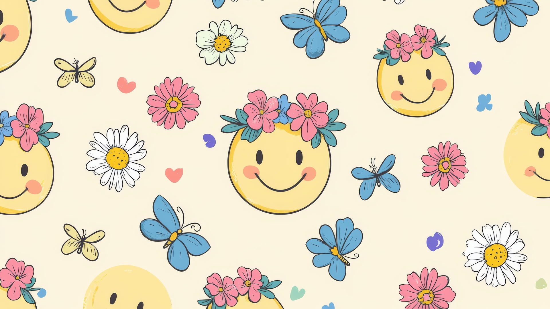 Preppy wallpaper smiley face with floral crowns and daisies
