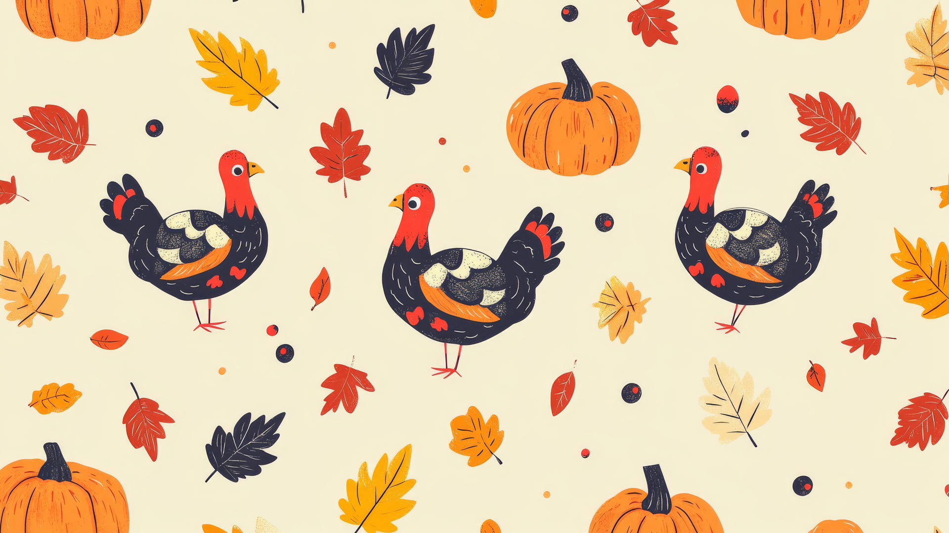 Preppy autumn wallpaper with cartoon turkeys, pumpkins, and leaves