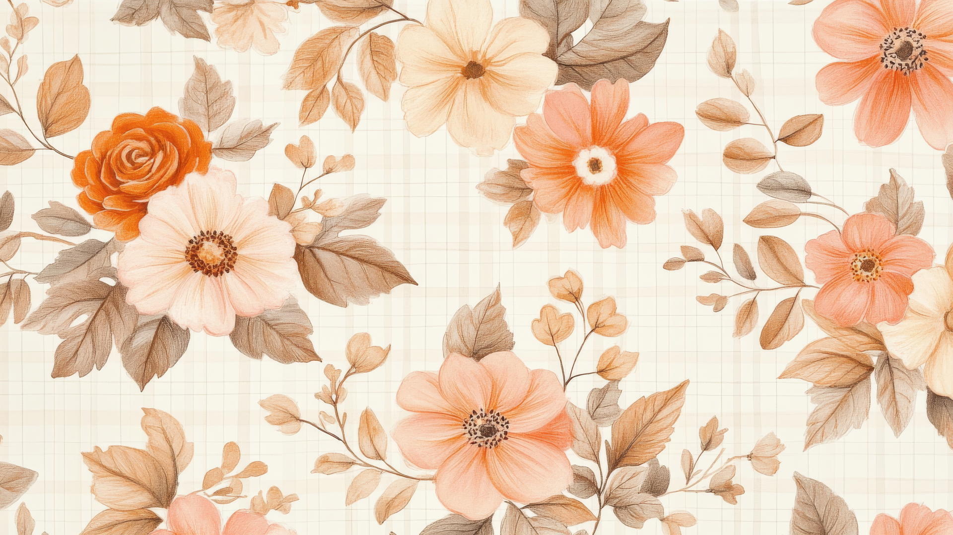 preppy autumn wallpaper with hand-drawn fall flowers, leaves, and subtle plaid on cream background