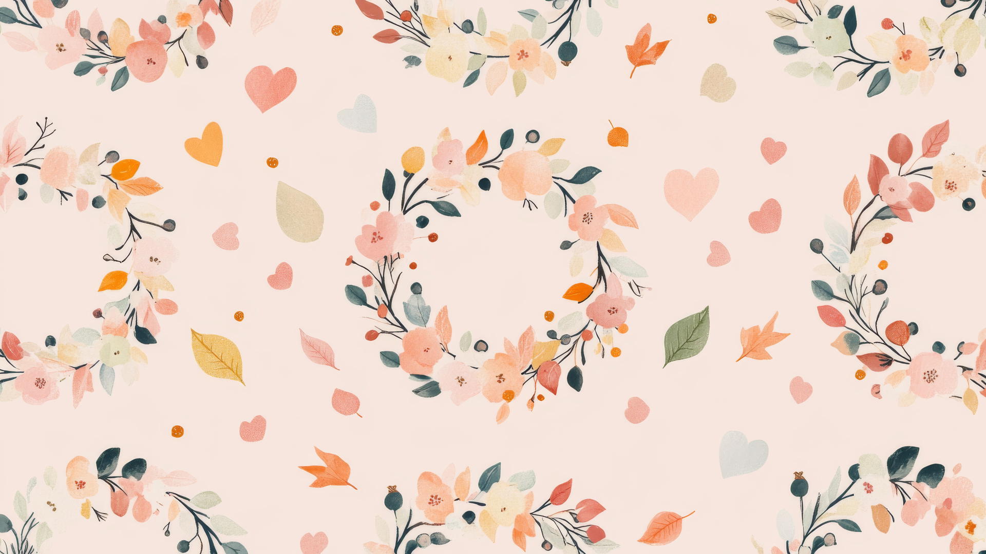 preppy autumn wallpaper with pastel-colored wreaths of leaves, berries, flowers, hearts, and acorns on light pink background