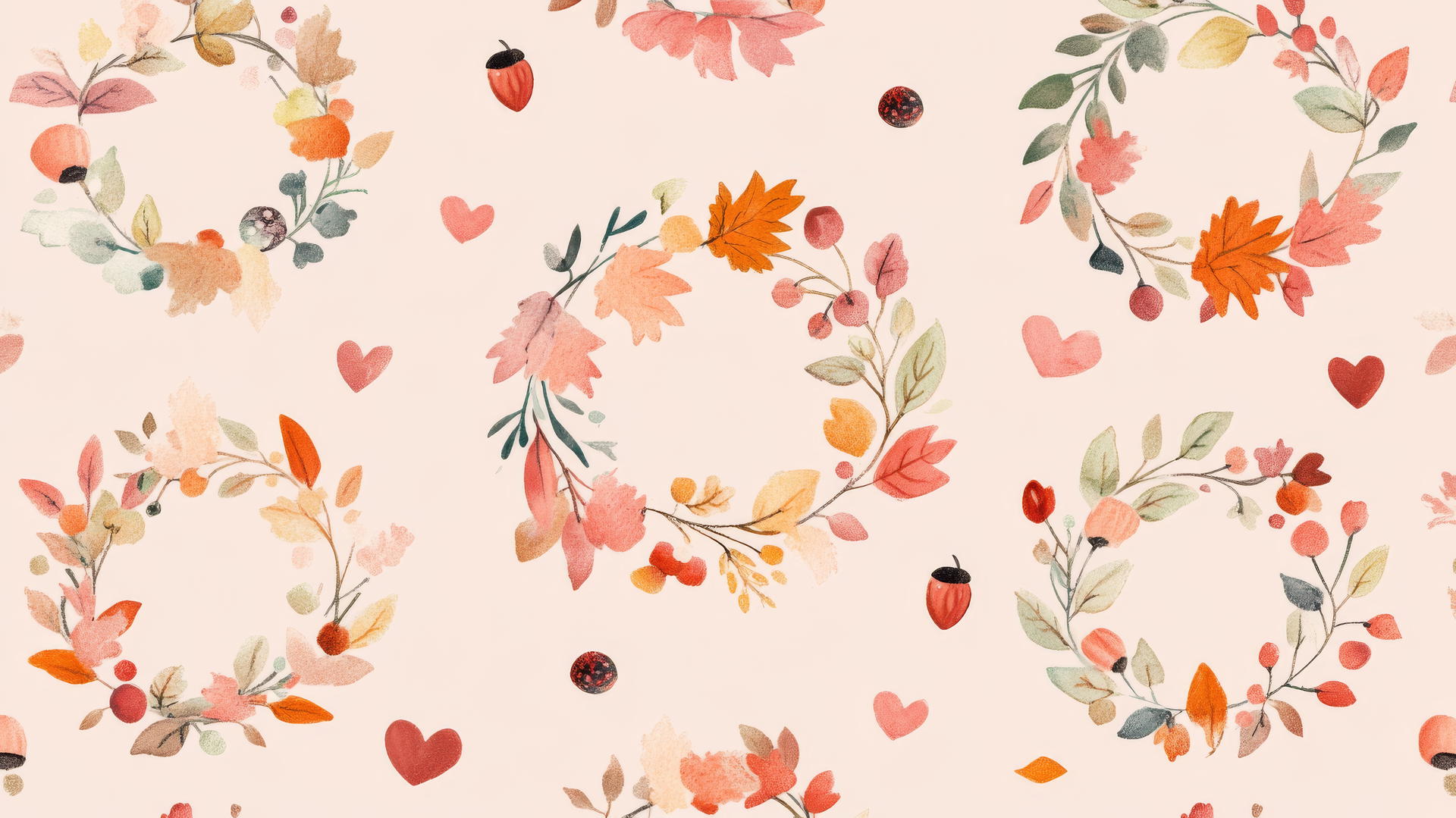 preppy autumn wallpaper with pastel-colored wreaths, leaves, berries, flowers, hearts, and acorns on a light pink background