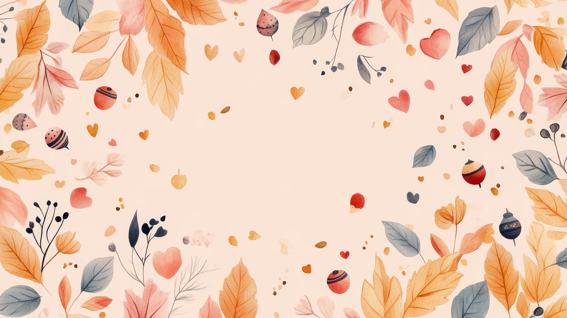 preppy autumn wallpaper with pastel-colored wreaths, leaves, berries, flowers, hearts, and acorns on a light pink background