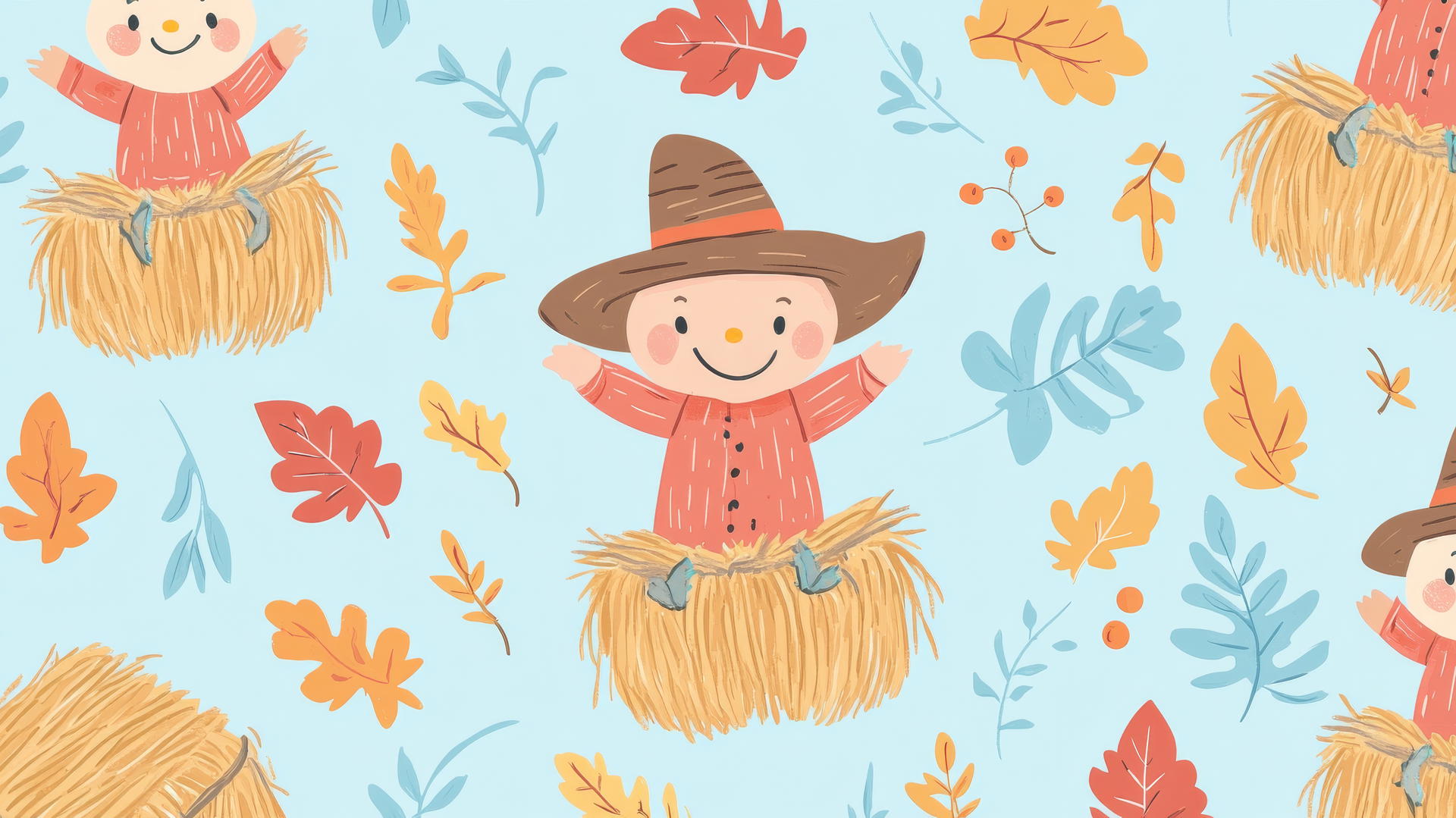 preppy fall wallpaper with cute cartoon scarecrows, hay bales, and fall leaves on light blue background