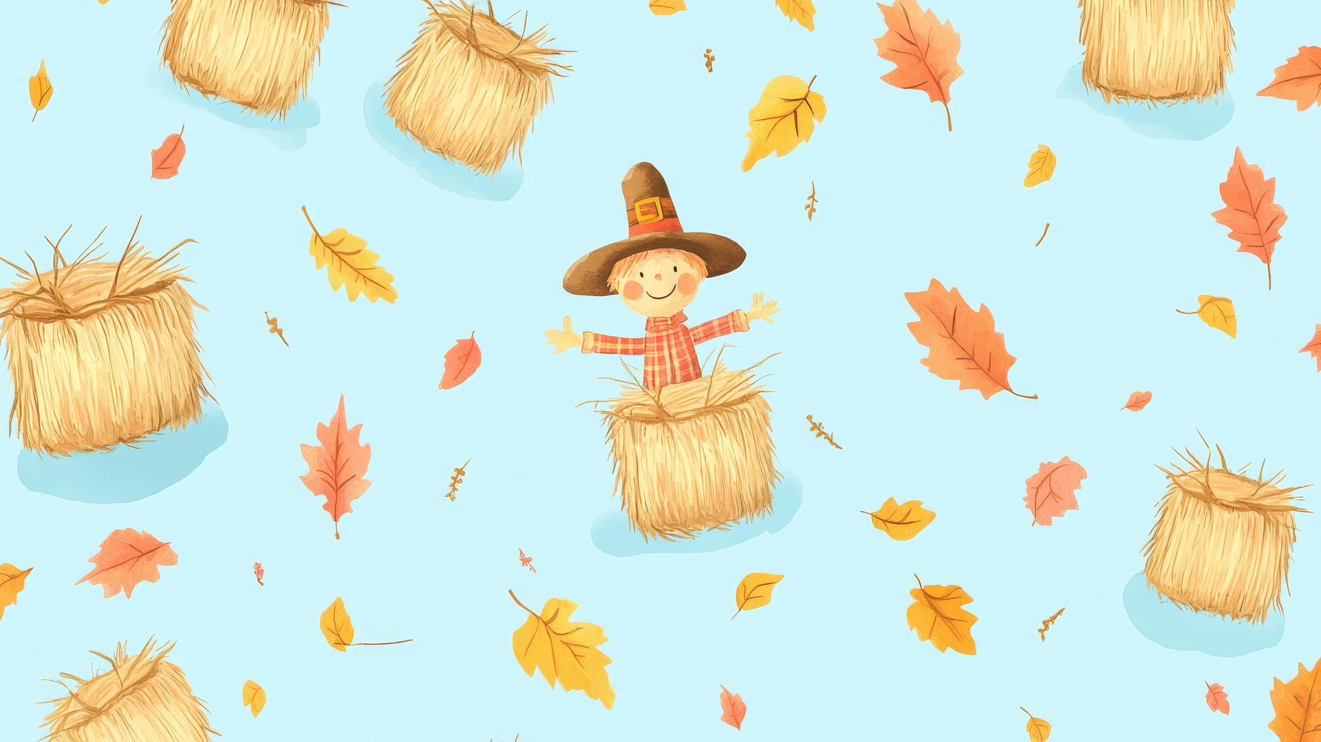 preppy fall wallpaper with cartoon scarecrows, hay bales, and fall leaves on light blue background