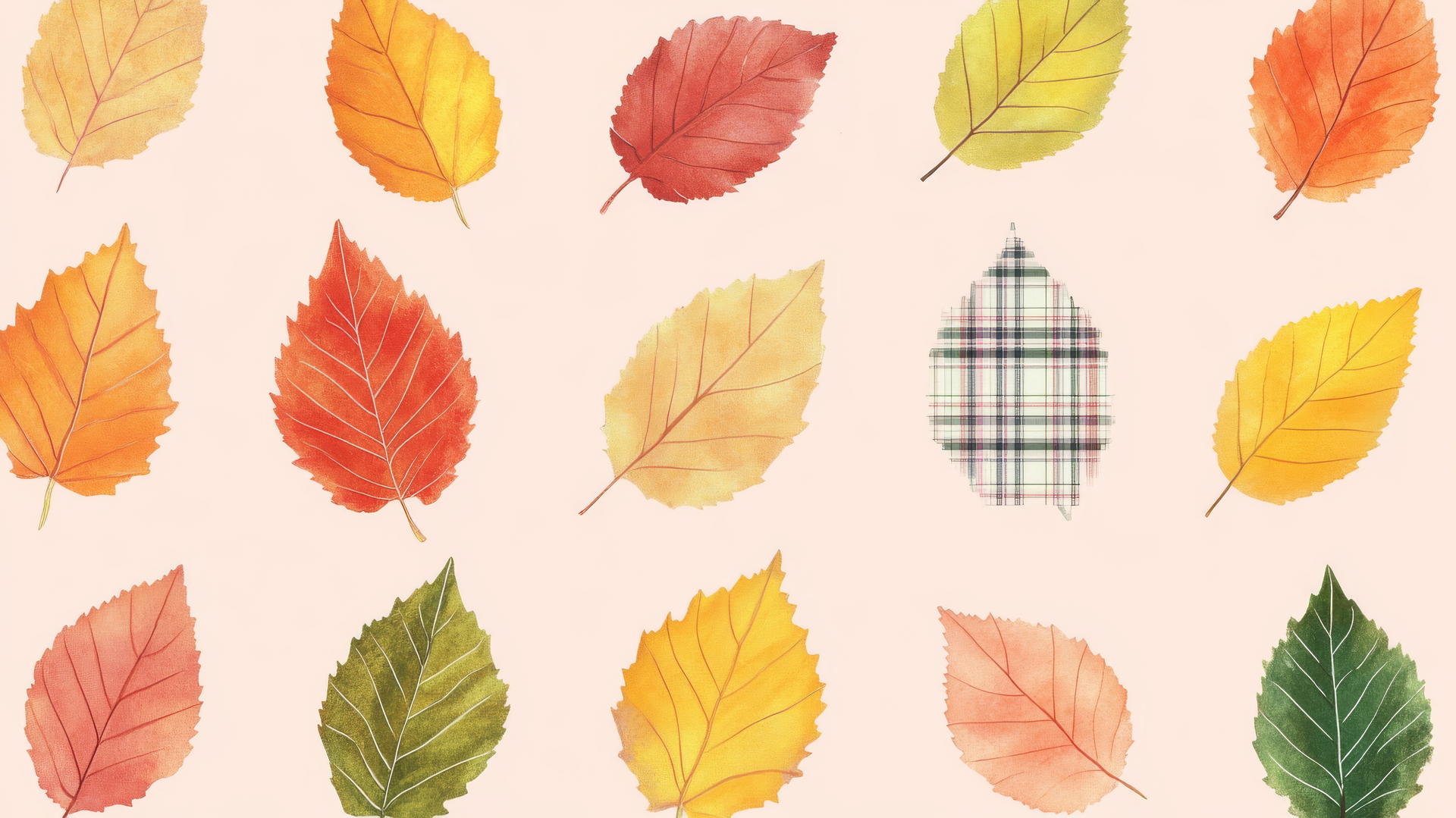 preppy fall wallpaper with colorful leaves and plaid accents on pink background