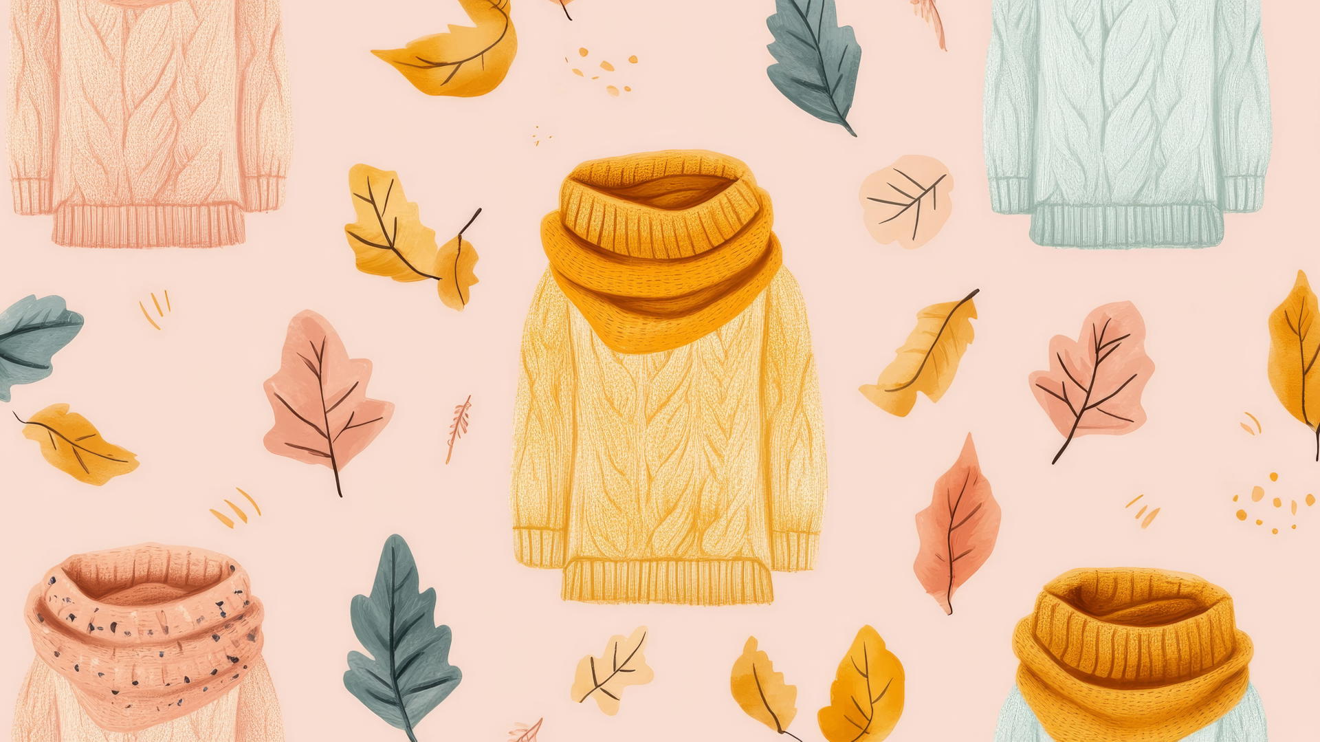 preppy fall wallpaper with cozy knit sweaters, scarves, and mittens on pastel pink