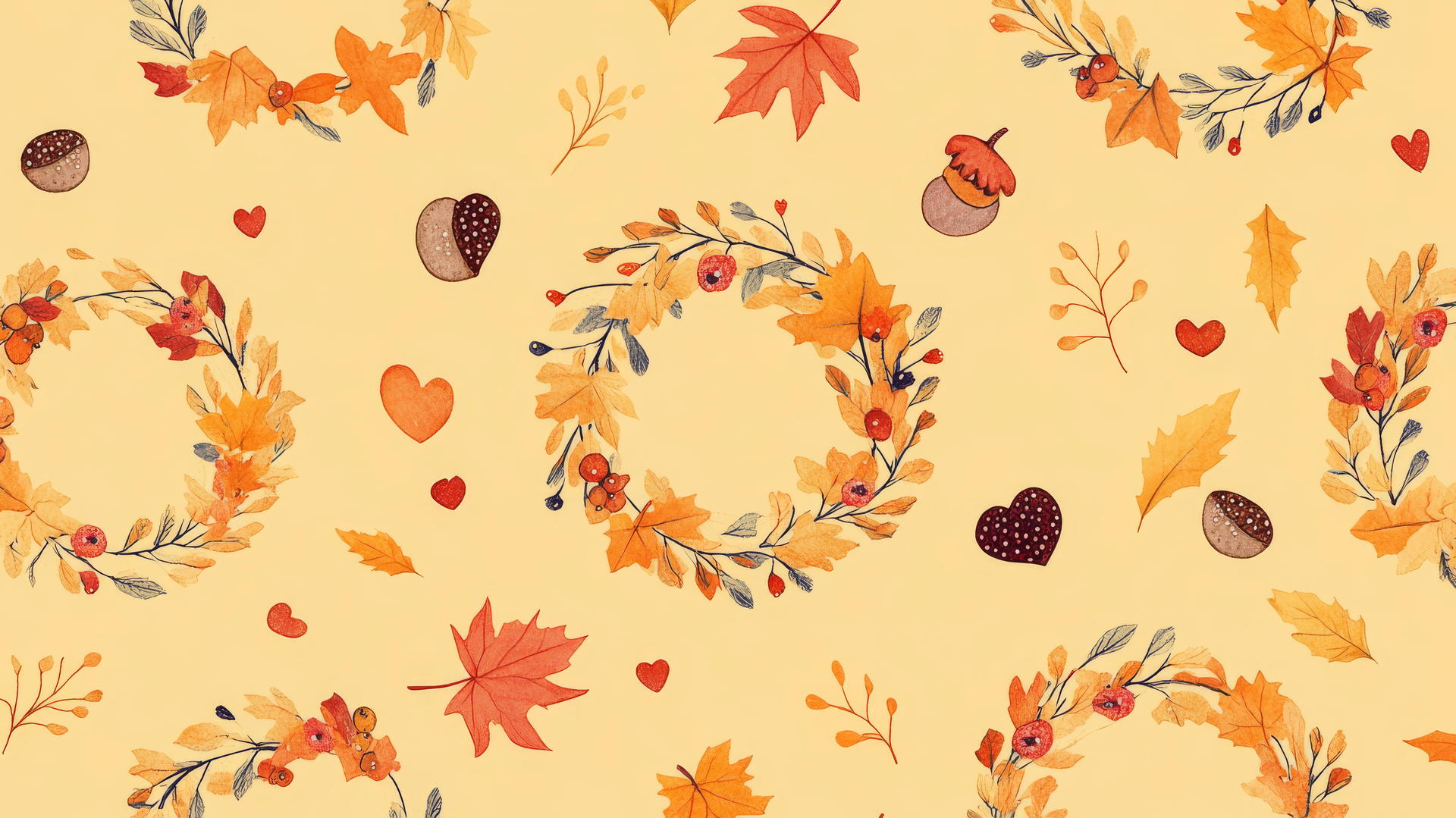 preppy fall wallpaper with hand-drawn wreaths, leaves, berries, and twigs on pastel yellow