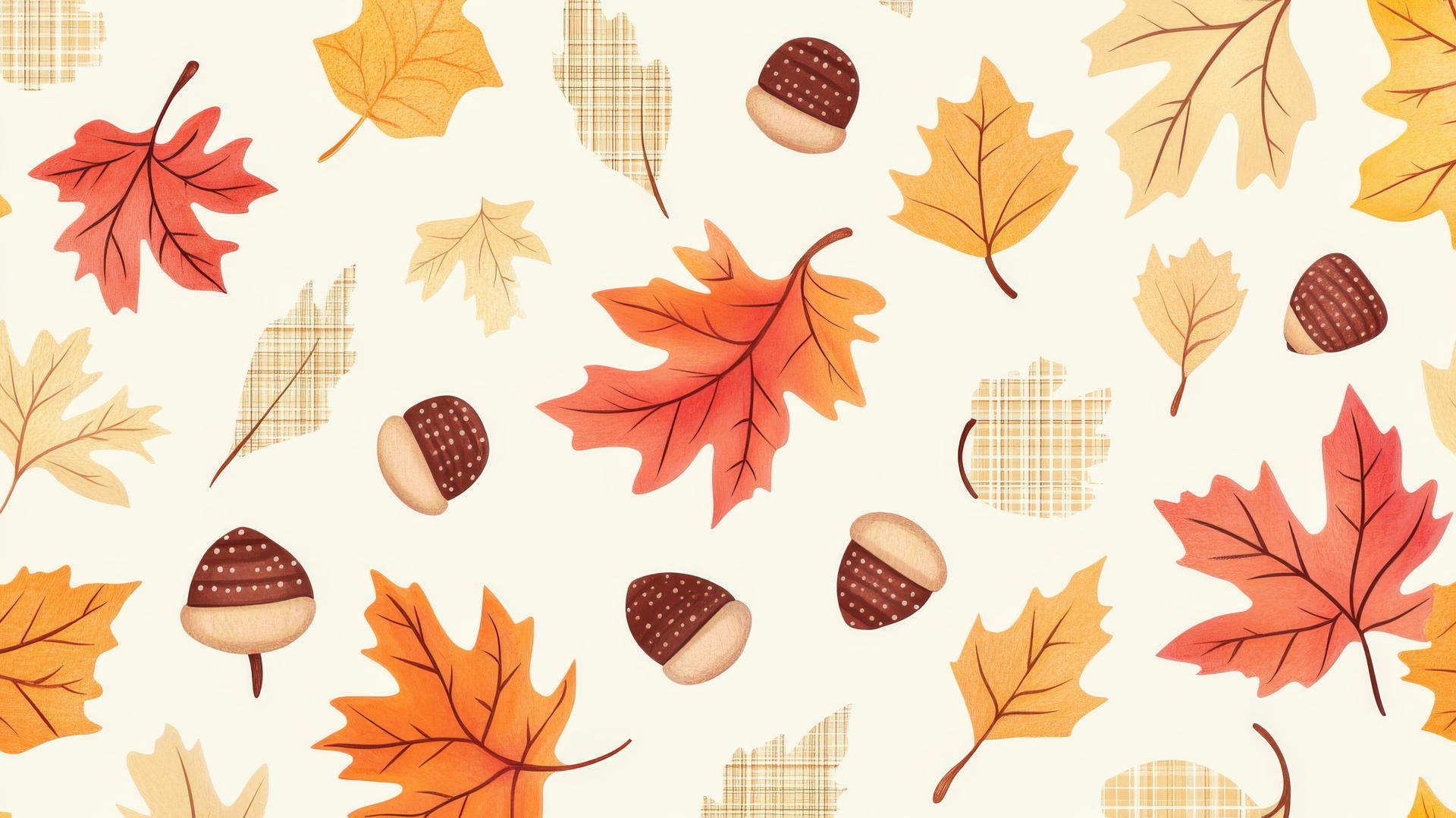 Pastel autumn leaves and acorns with plaid on cream background