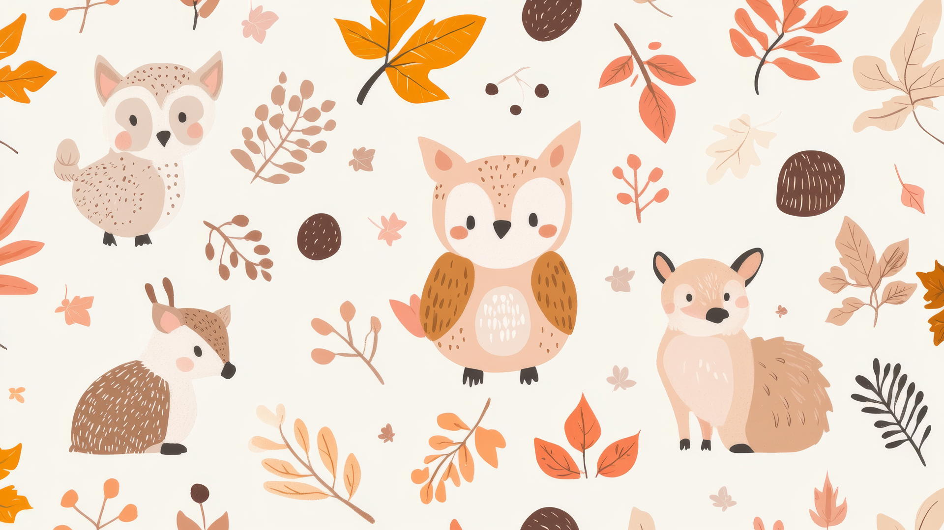 Preppy fall wallpaper with owls, deer, and hedgehogs among autumn leaves