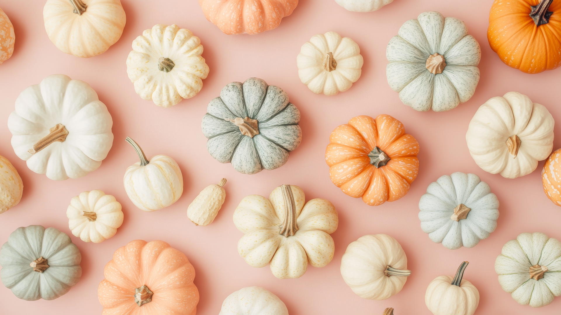 preppy fall wallpaper with pastel pumpkins and gourds on a light pink background