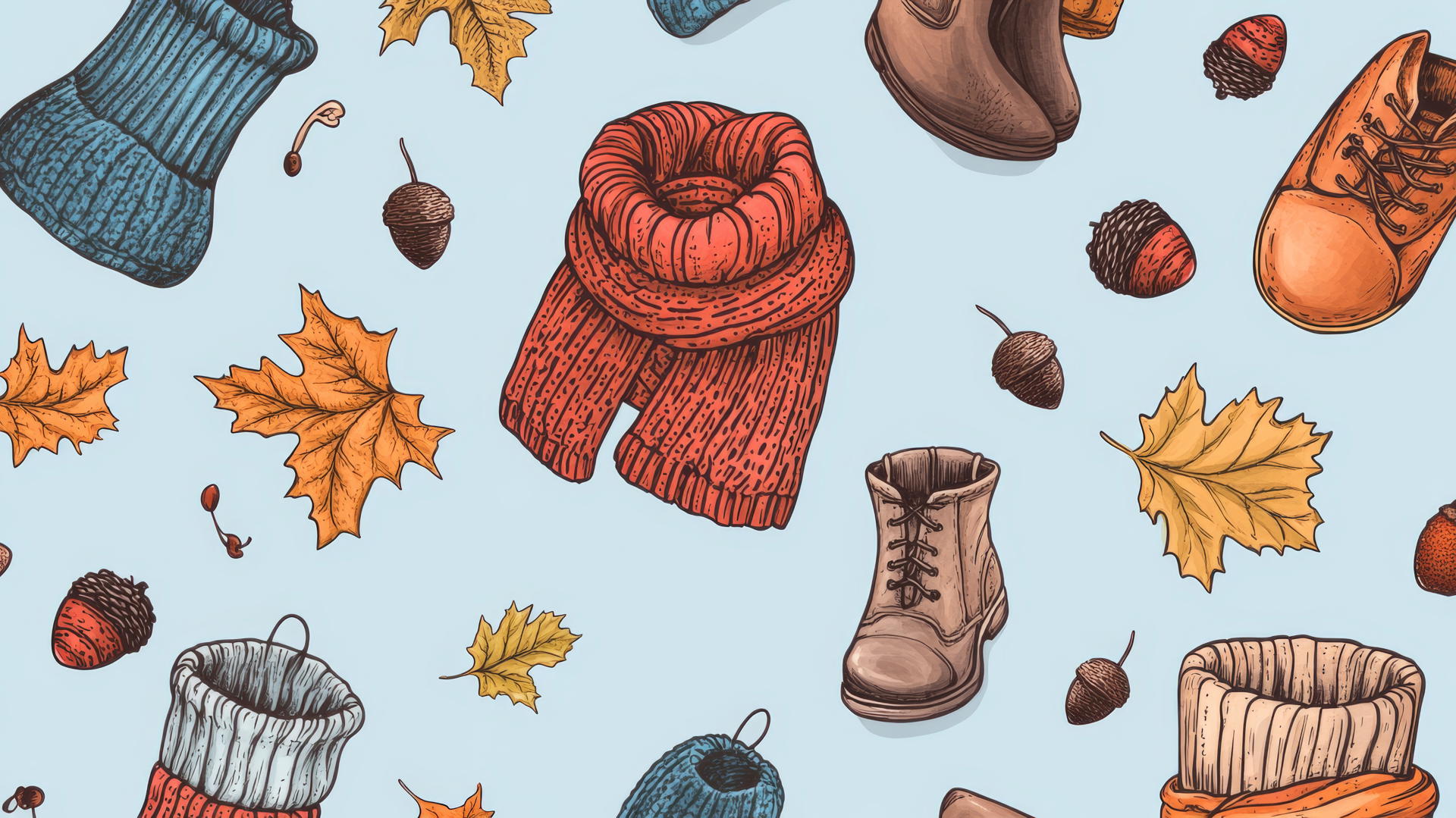 preppy fall wallpaper with cozy sweaters, scarves, boots, acorns, and leaves on a light blue background