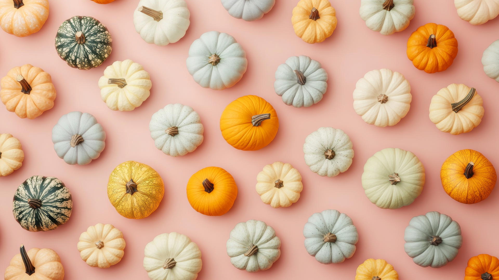 preppy fall wallpaper with pastel pumpkins and gourds on a light pink background