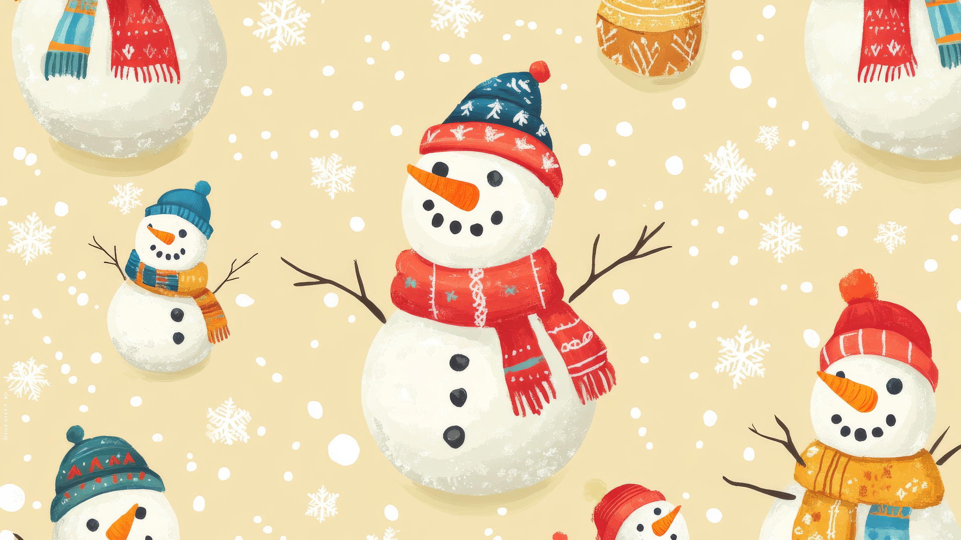 preppy winter wallpaper with colorful scarves on cheerful snowmen against pale yellow background