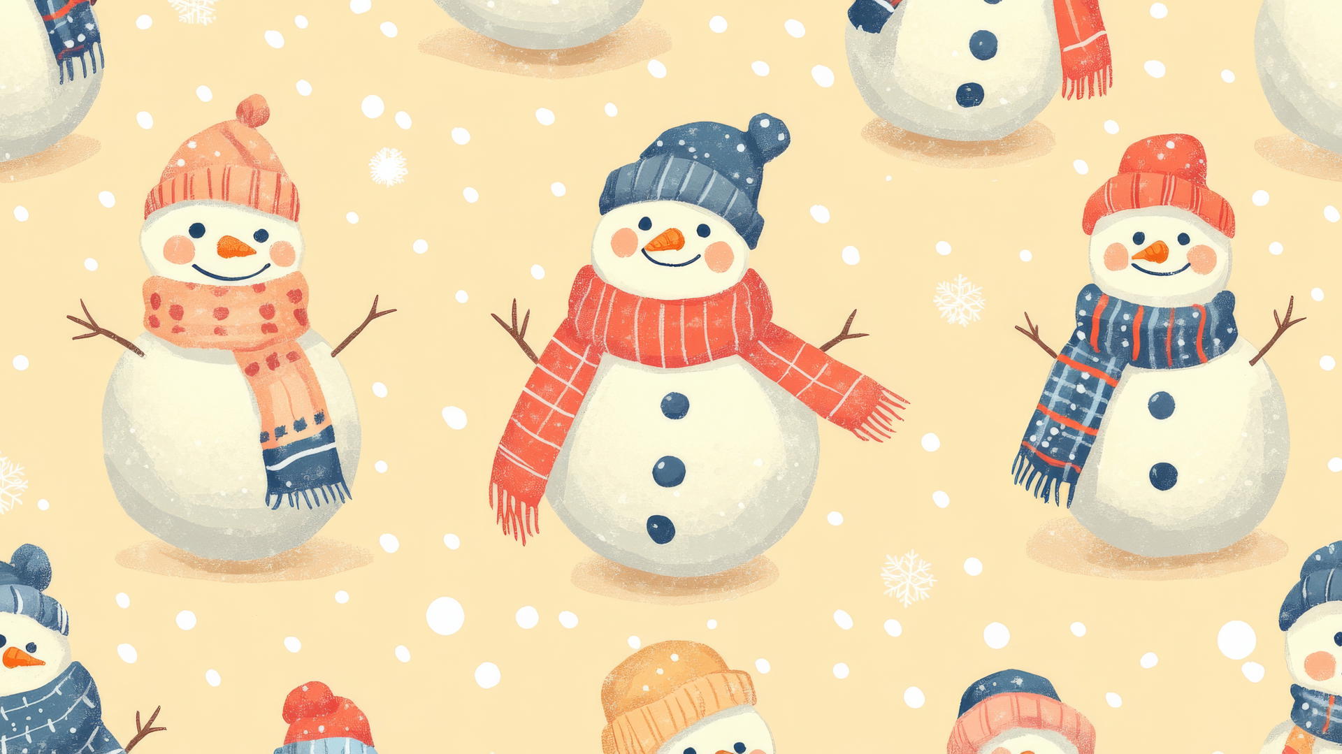 Preppy winter wallpaper with colorful scarves and snowmen