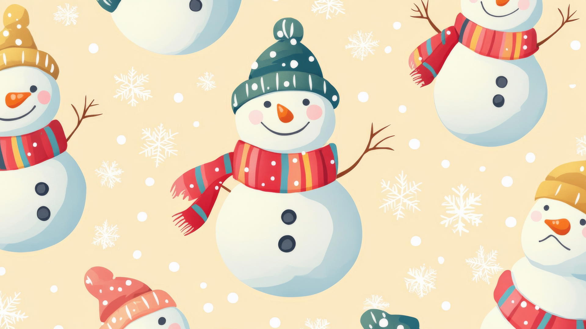 preppy winter wallpaper with colorful scarves on cheerful snowmen on pale yellow background
