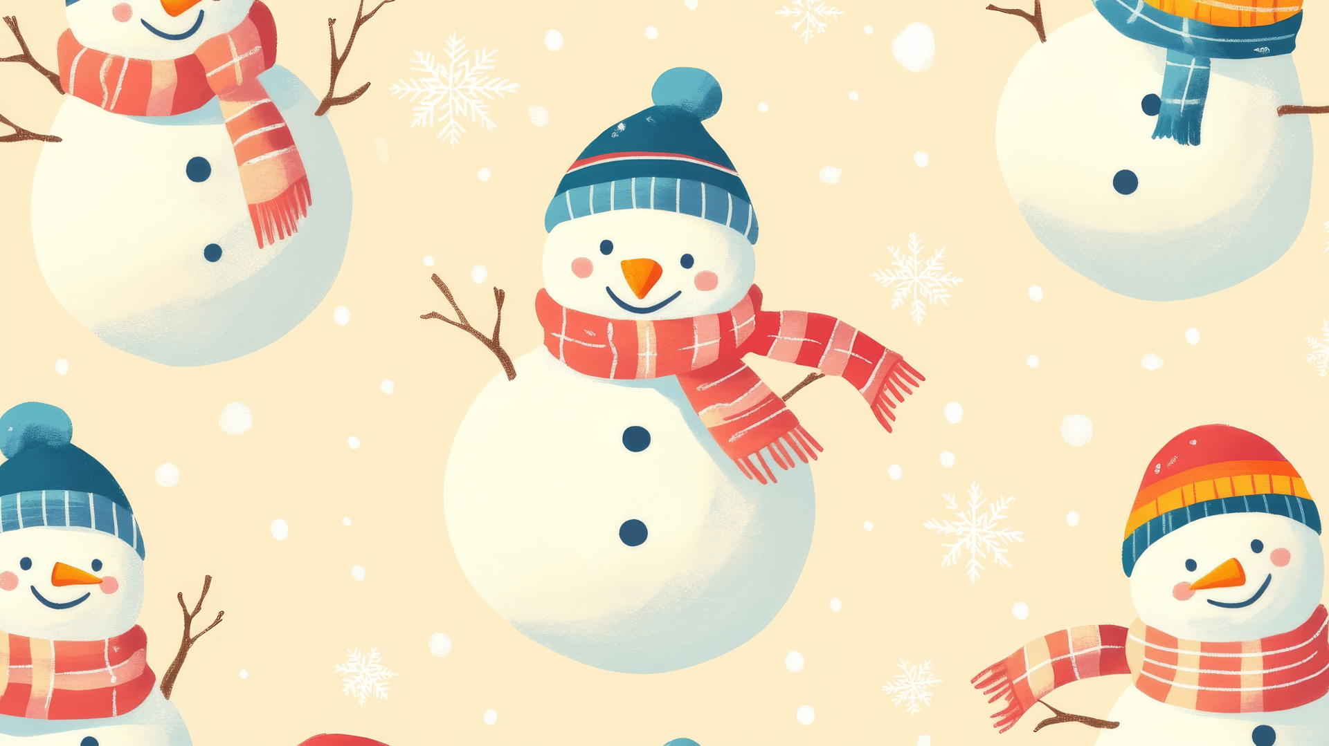 preppy winter wallpaper with colorful scarves on cheerful snowmen