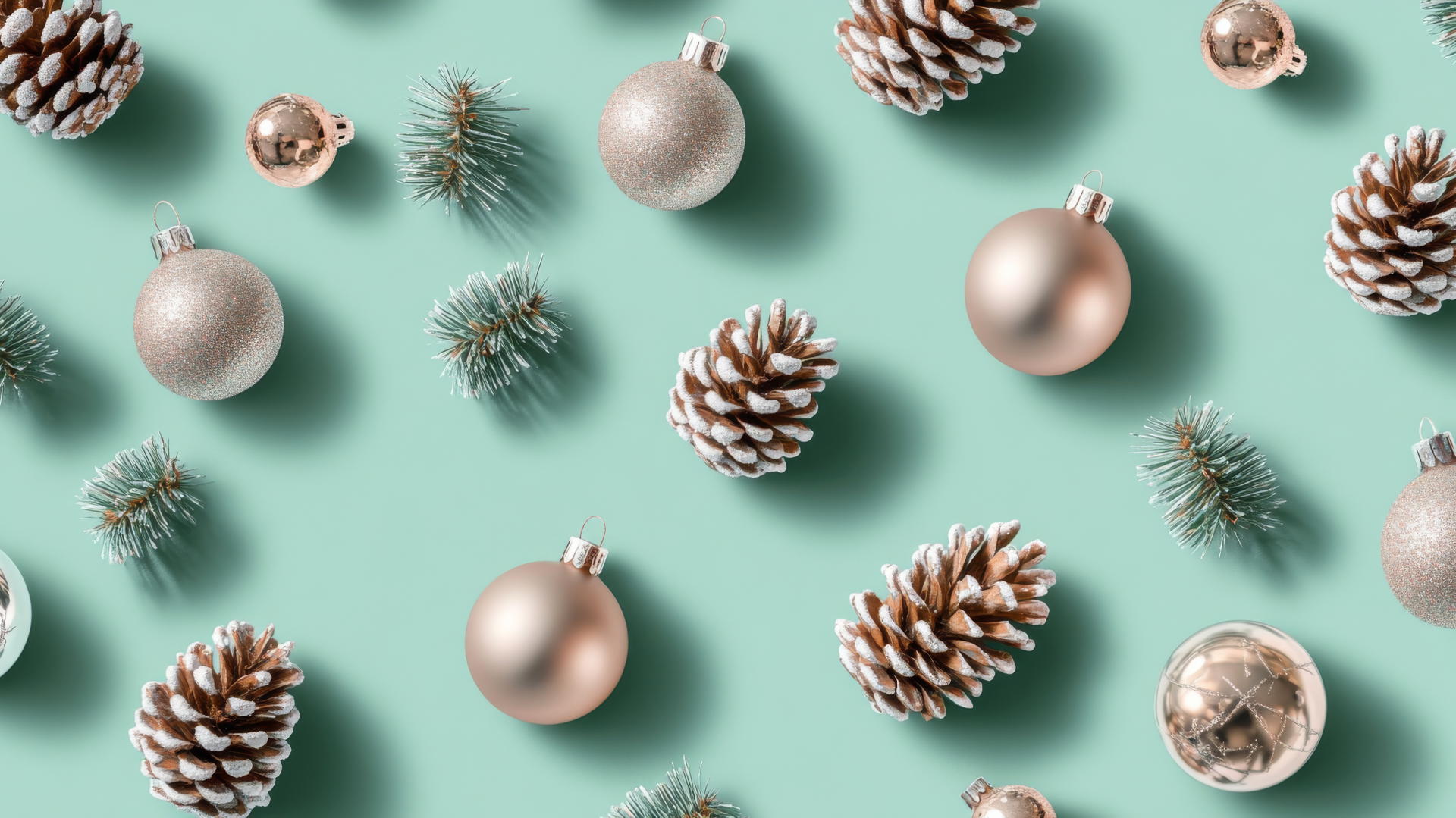 preppy winter wallpaper with shiny holiday ornaments and pinecones on pastel green background