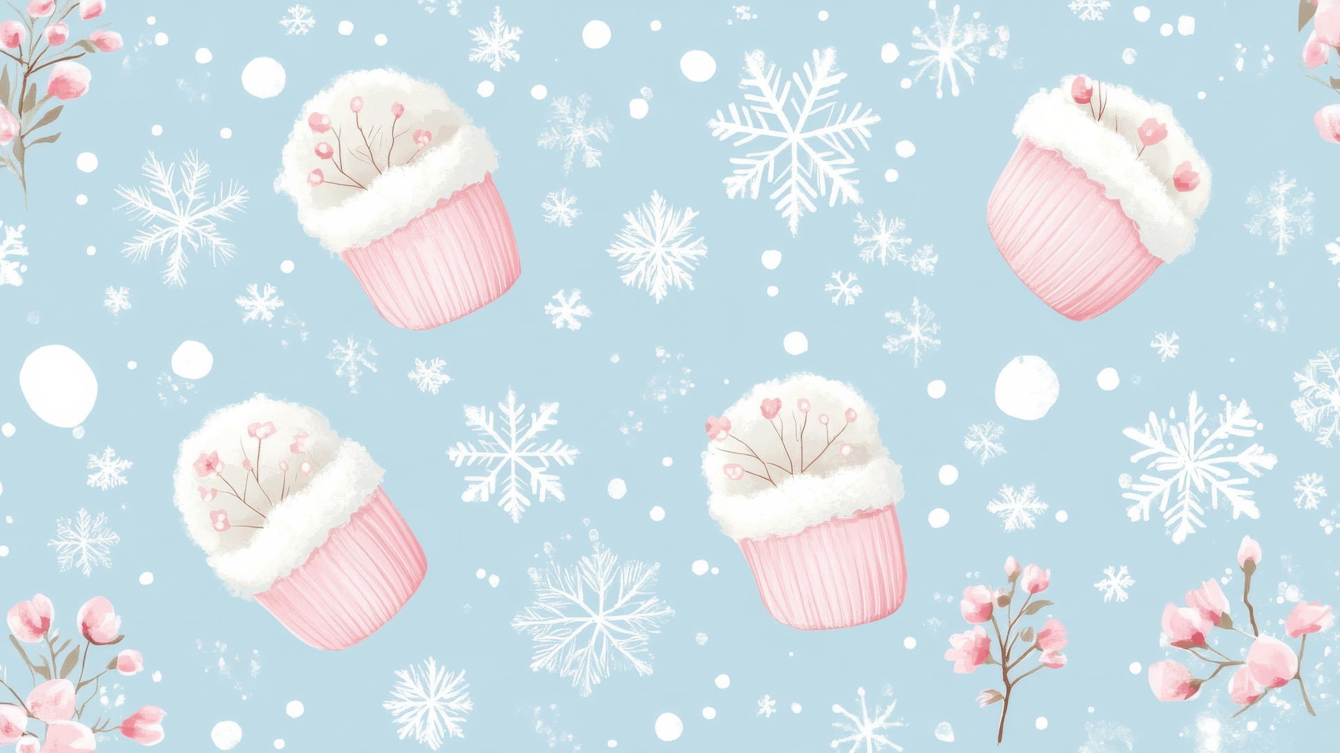 preppy winter wallpaper with snowflakes, pink mittens, and pastel flowers.