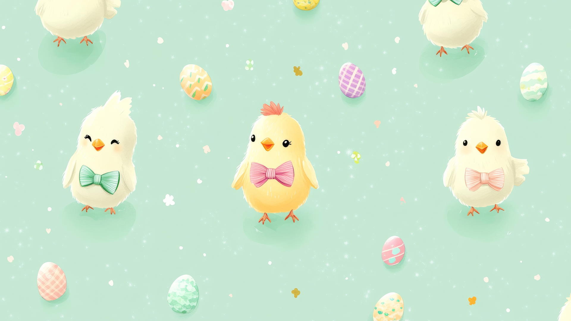 Preppy Easter wallpaper with adorable chicks in colorful bowties, pastel green background with tiny Easter eggs