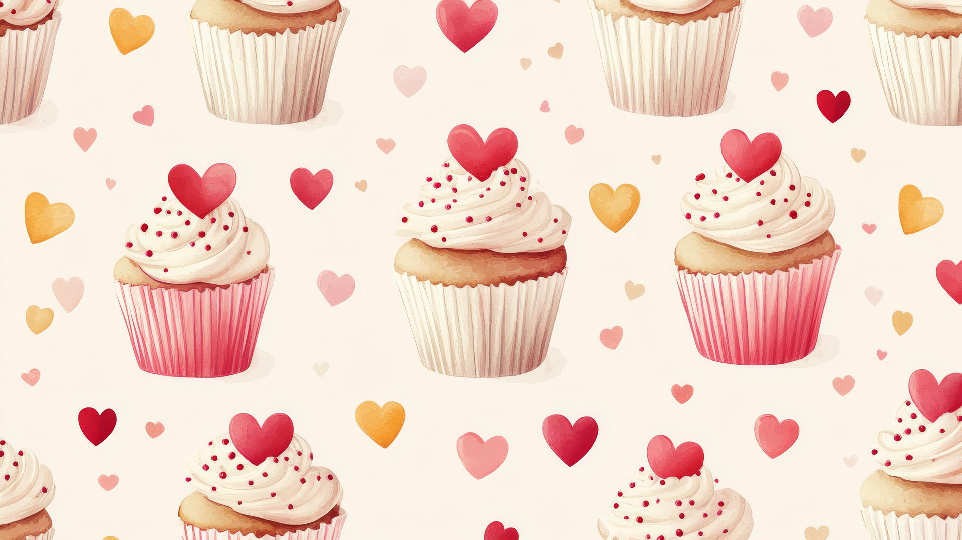 preppy valentines wallpaper with cupcakes and heart-shaped sprinkles on a cream background