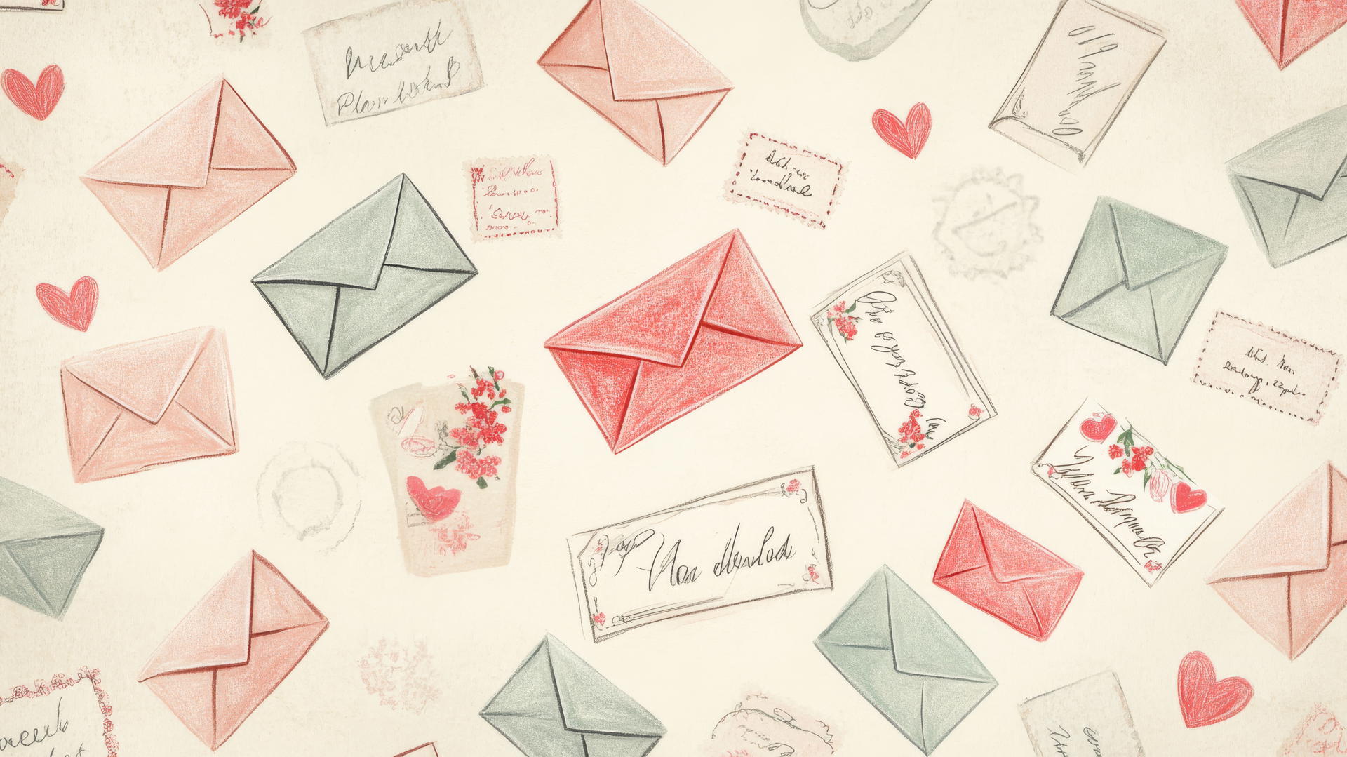 preppy valentines wallpaper with hand-drawn envelopes, love letters, red and pink hearts