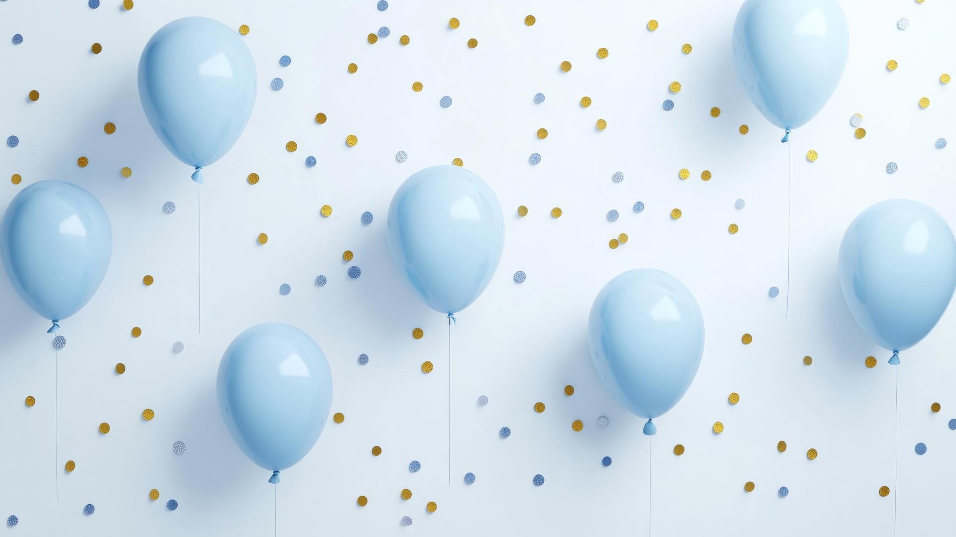 preppy blue wallpaper with pastel blue balloons and gold and silver confetti dots