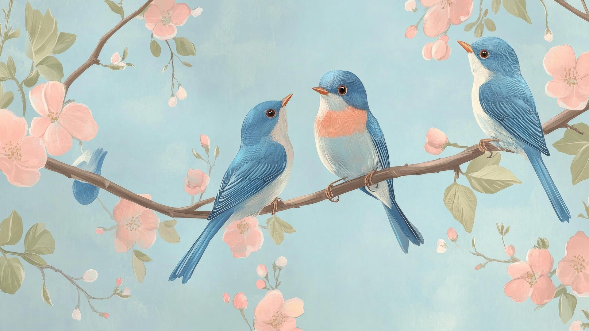 preppy blue wallpaper with cartoon bluebirds on branches with pink blossoms