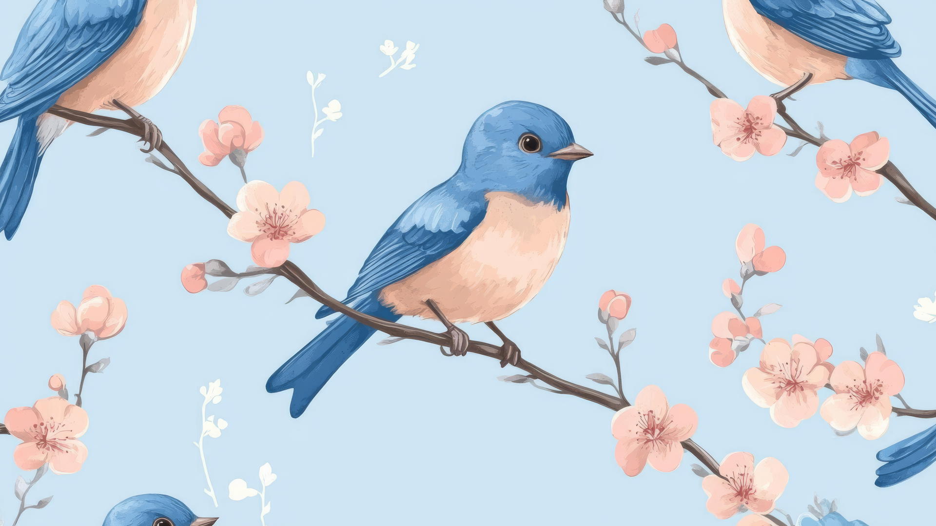 preppy blue wallpaper with cartoon bluebirds on branches with pink blossoms