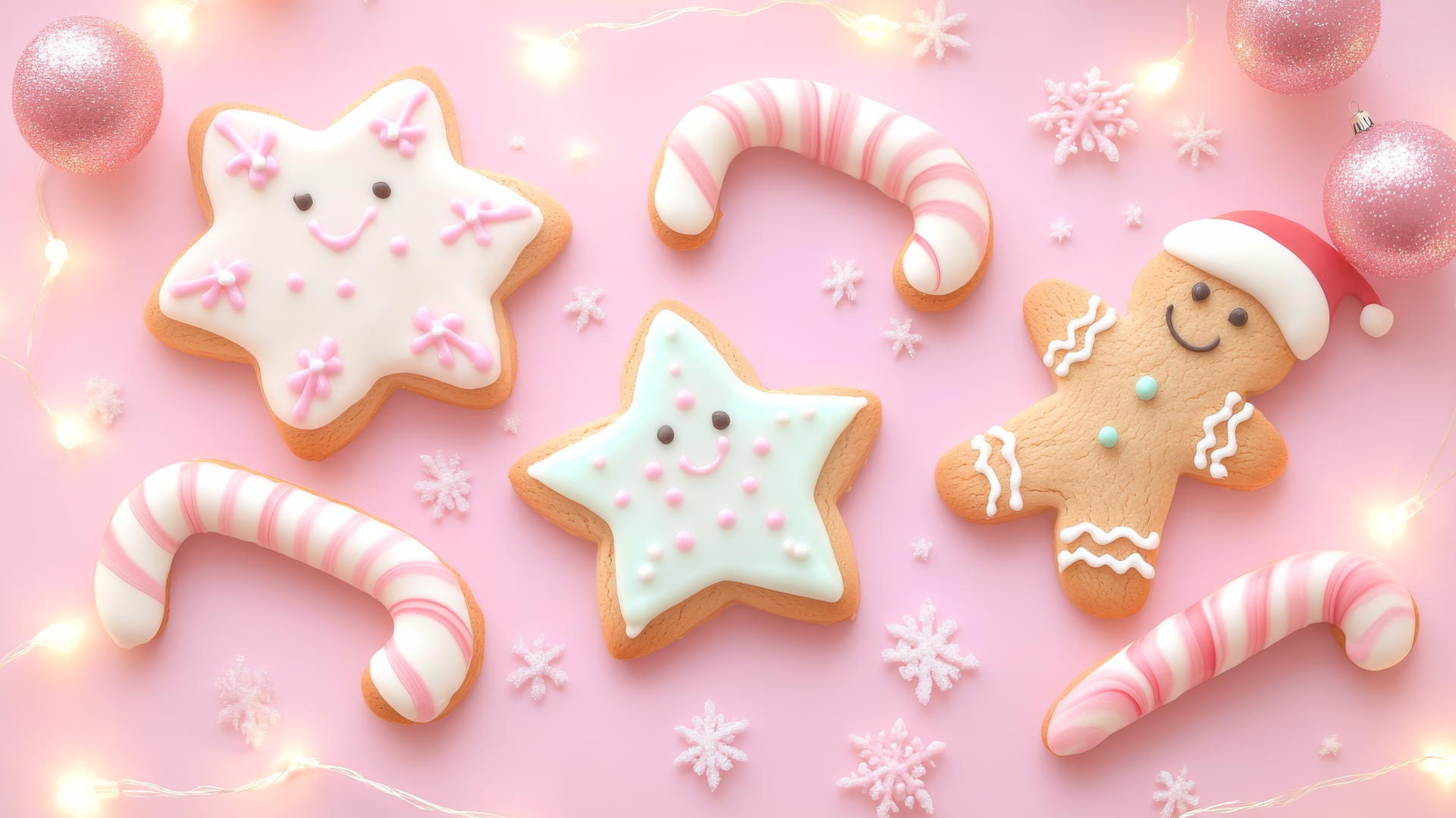 Cute wallpapers for Christmas featuring pastel-iced cookies on a pink background