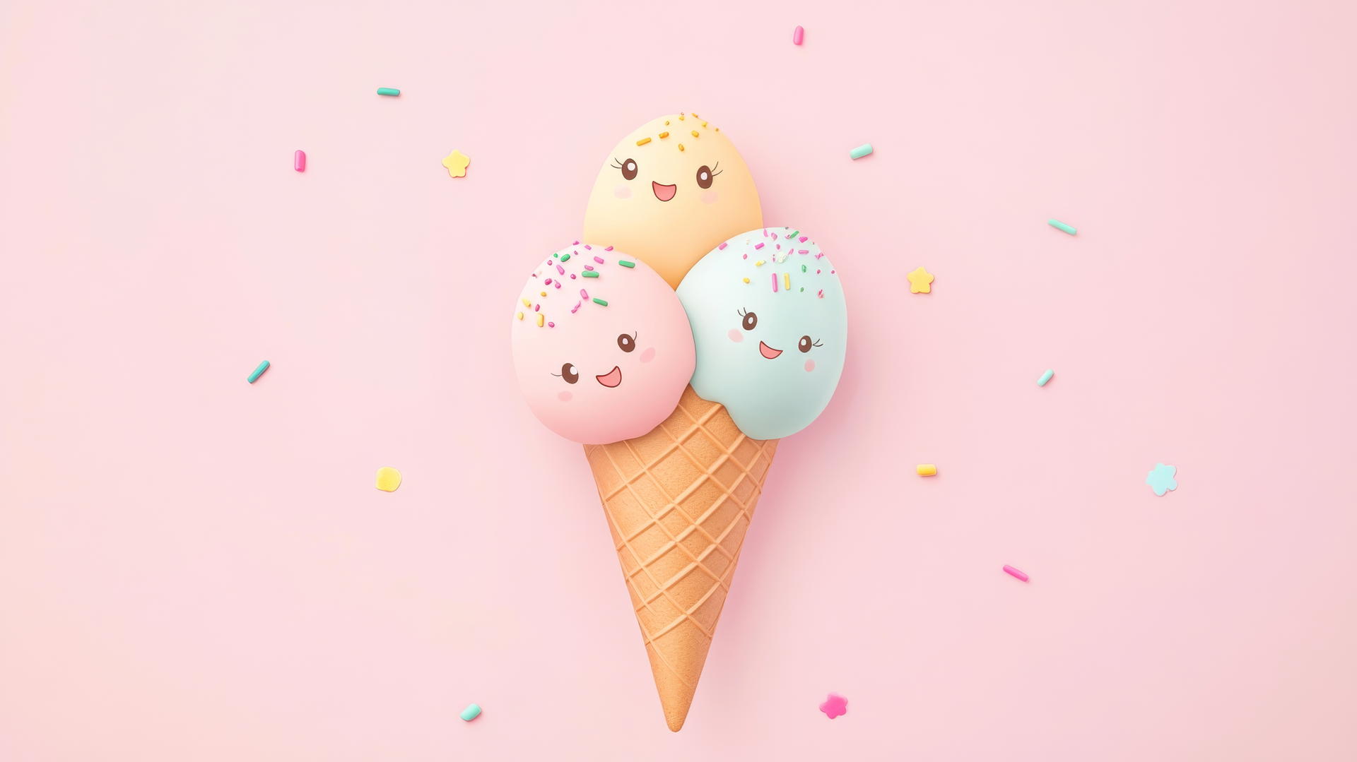 popular cute wallpapers for girls: pastel ice cream cone with kawaii faces on pink background