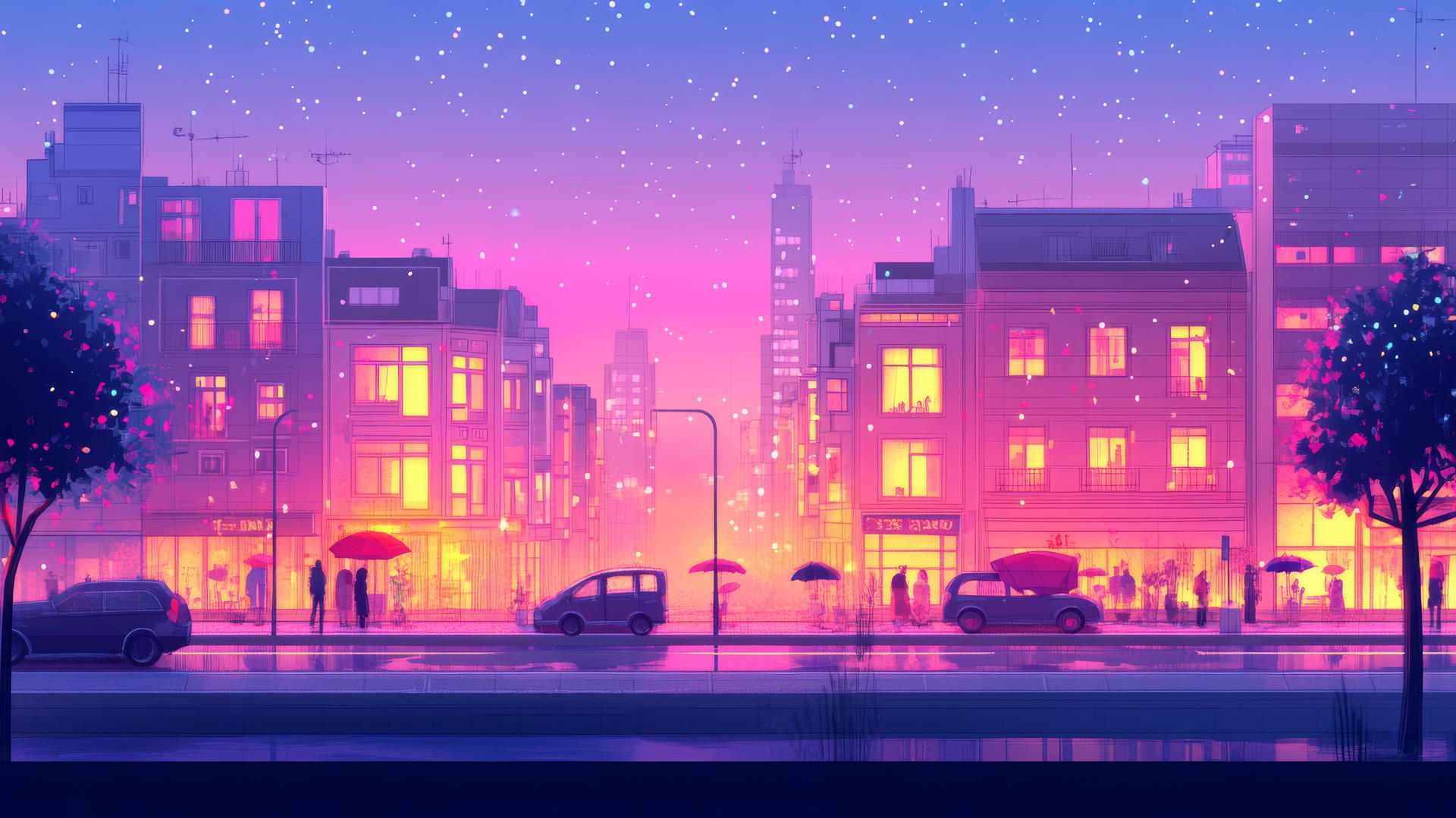 cute aesthetic wallpapers featuring a pastel cityscape at dusk with glowing windows and tiny cars