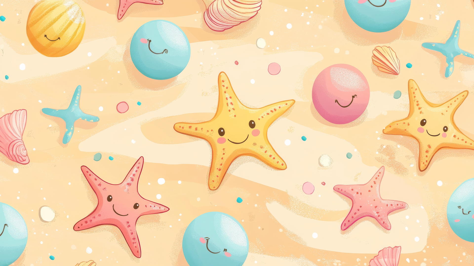 Cute wallpapers for girls with hand-drawn starfish, seashells, and beach balls