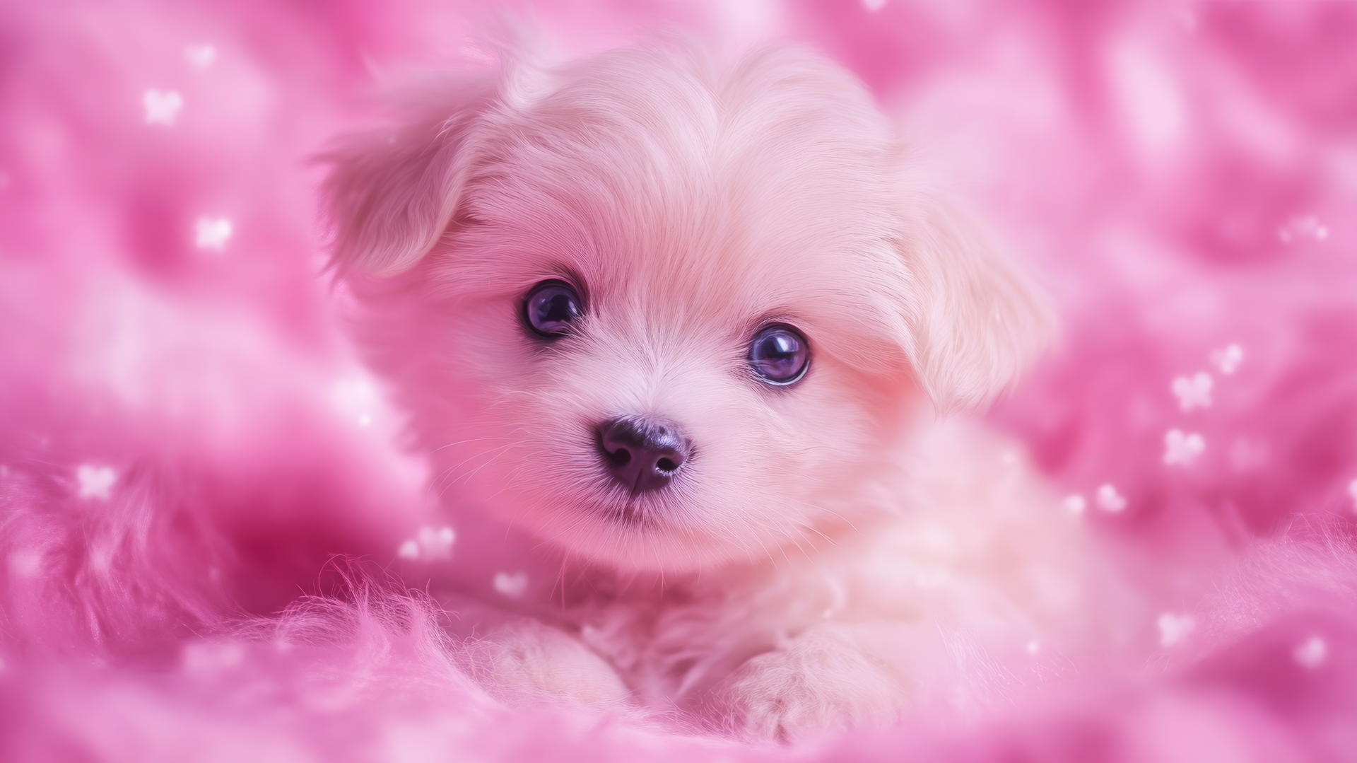 pink cute puppy wallpaper with sparkling eyes, paw prints, and hearts