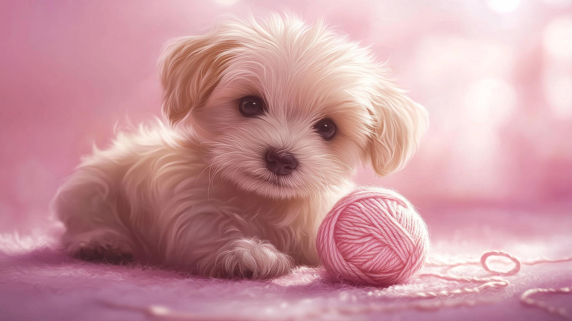 pink cute puppy wallpaper with puppy playing with yarn on pastel pink background