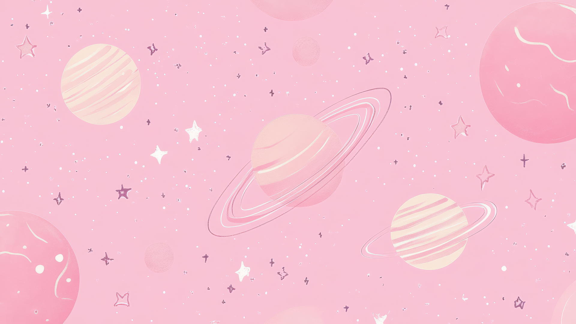 Pastel pink background with cute cartoon planets and tiny stars.